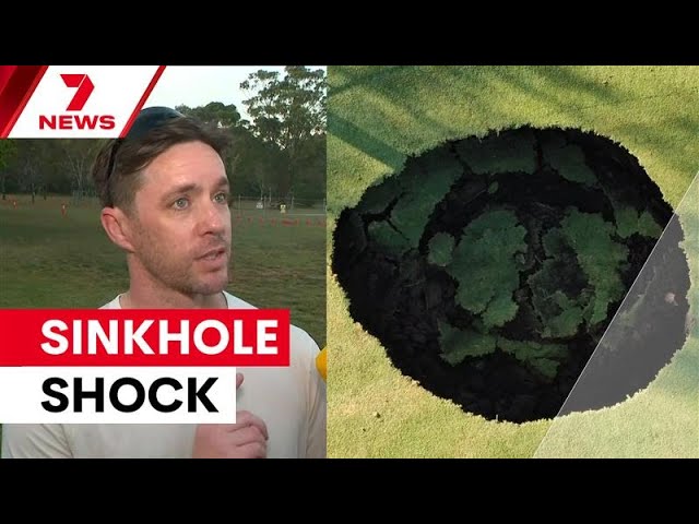 video thumbnail for ''Little bit worried now': Large sinkhole appears on sports oval | 7NEWS'
