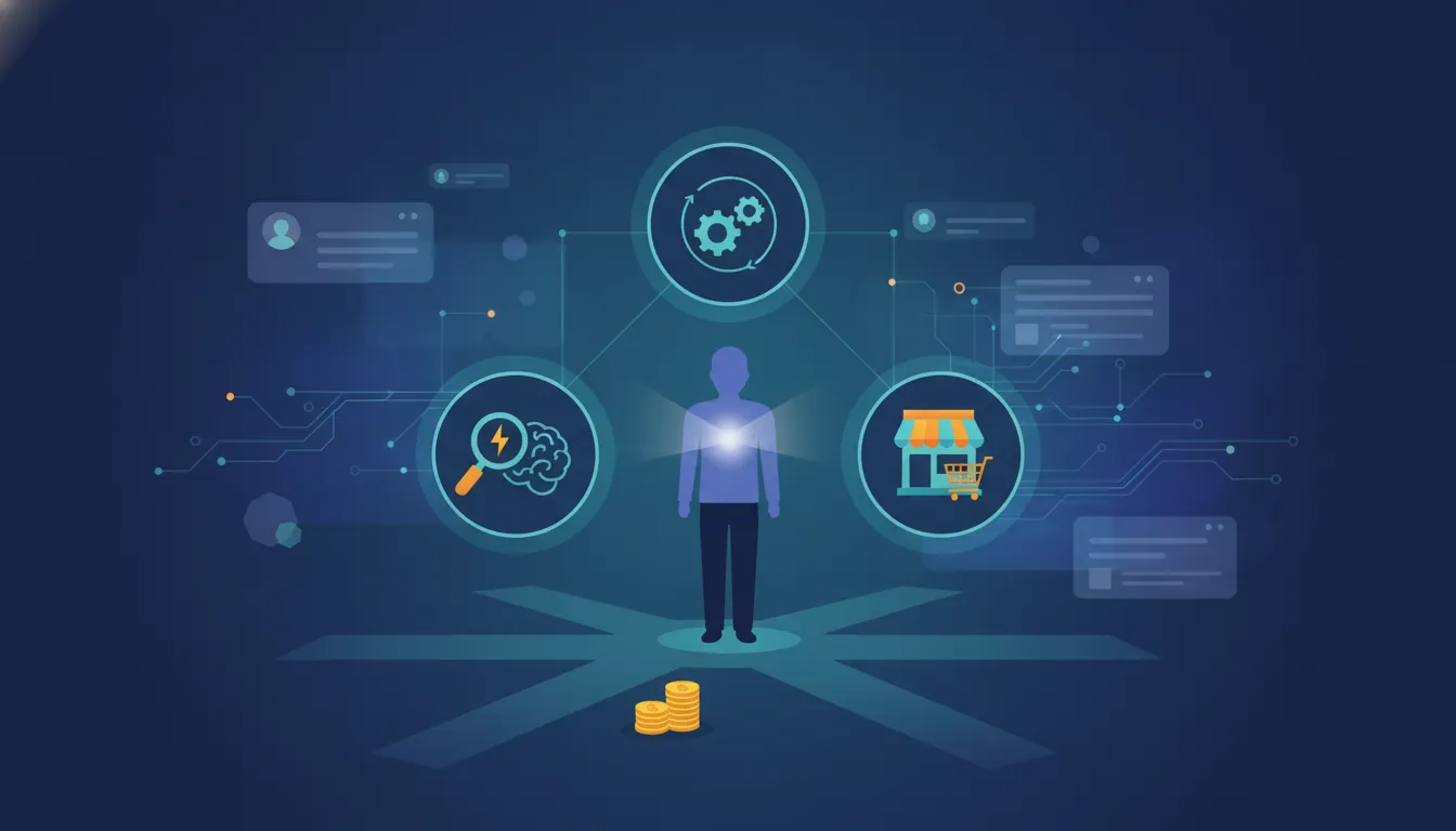 Illustration of a person at a crossroads using curiosity, market, and iteration icons powered by abstract AI network light, symbolizing finding a startup idea with little money.