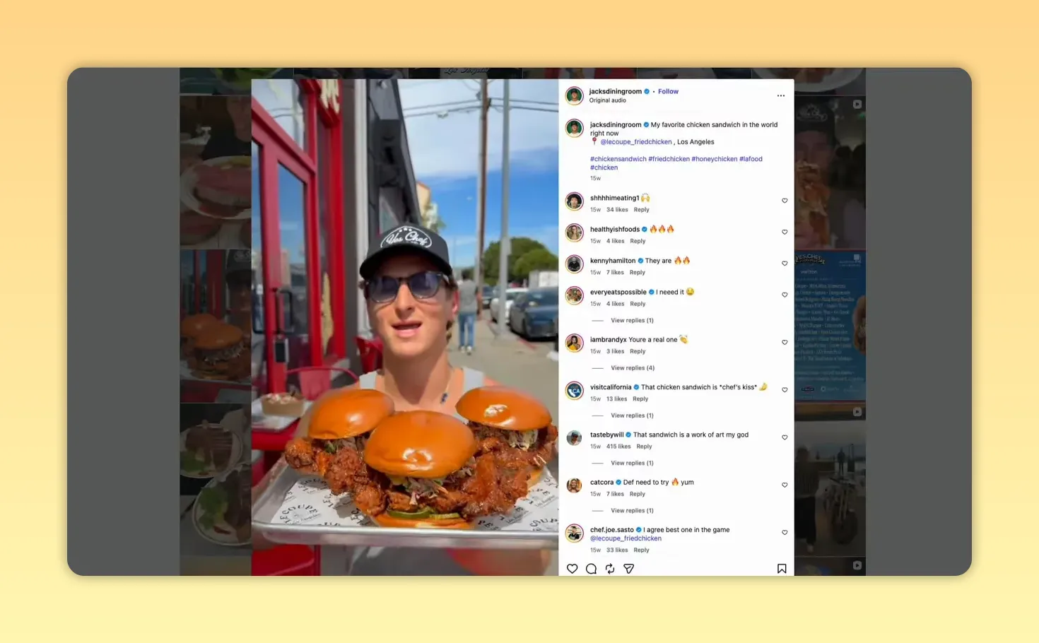 Vertical social media food clips displayed on screen with a comment interface beside them