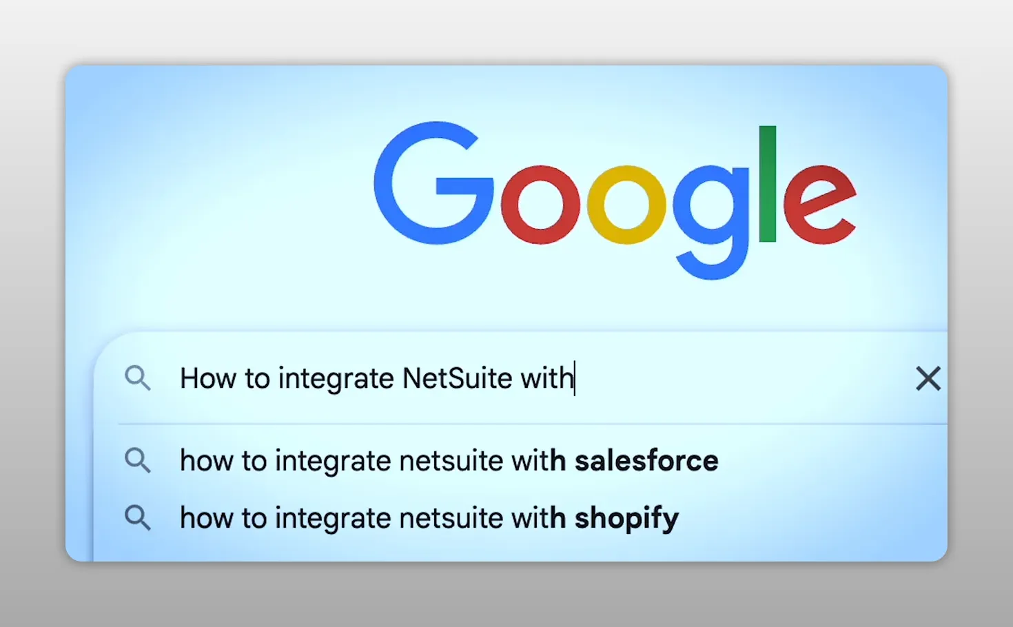 Thanh tìm kiếm Google hiển thị truy vấn cách tích hợp NetSuite với Salesforce