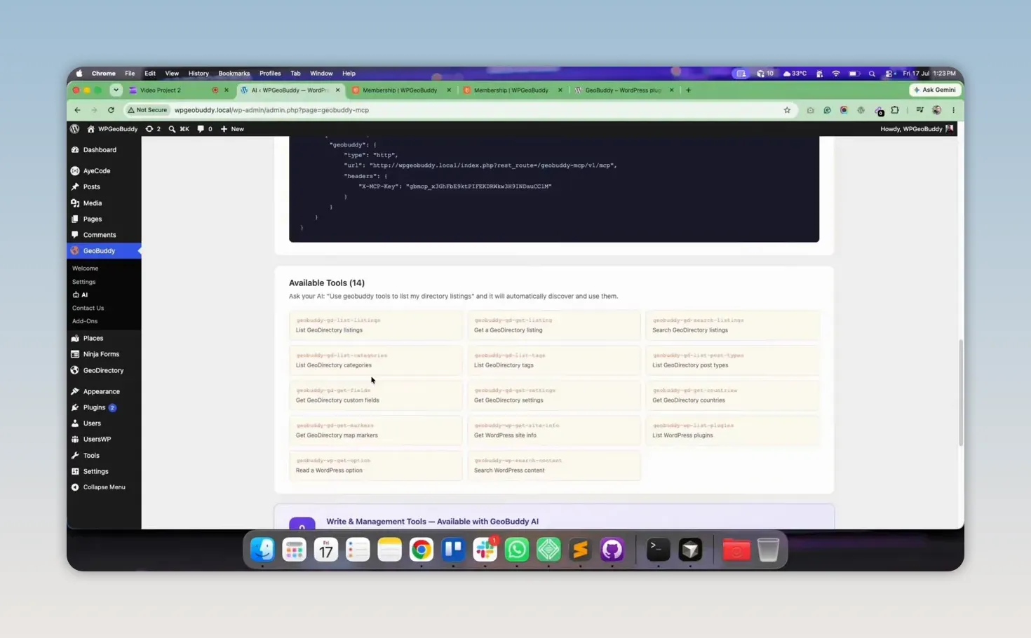 GeoBuddy AI WordPress page showing available tools in a grid