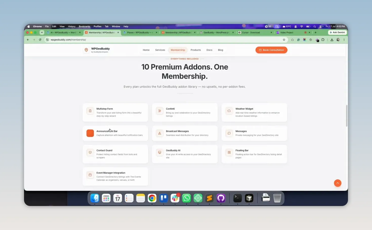 WPGeoBuddy page showing ten premium add-ons in one membership