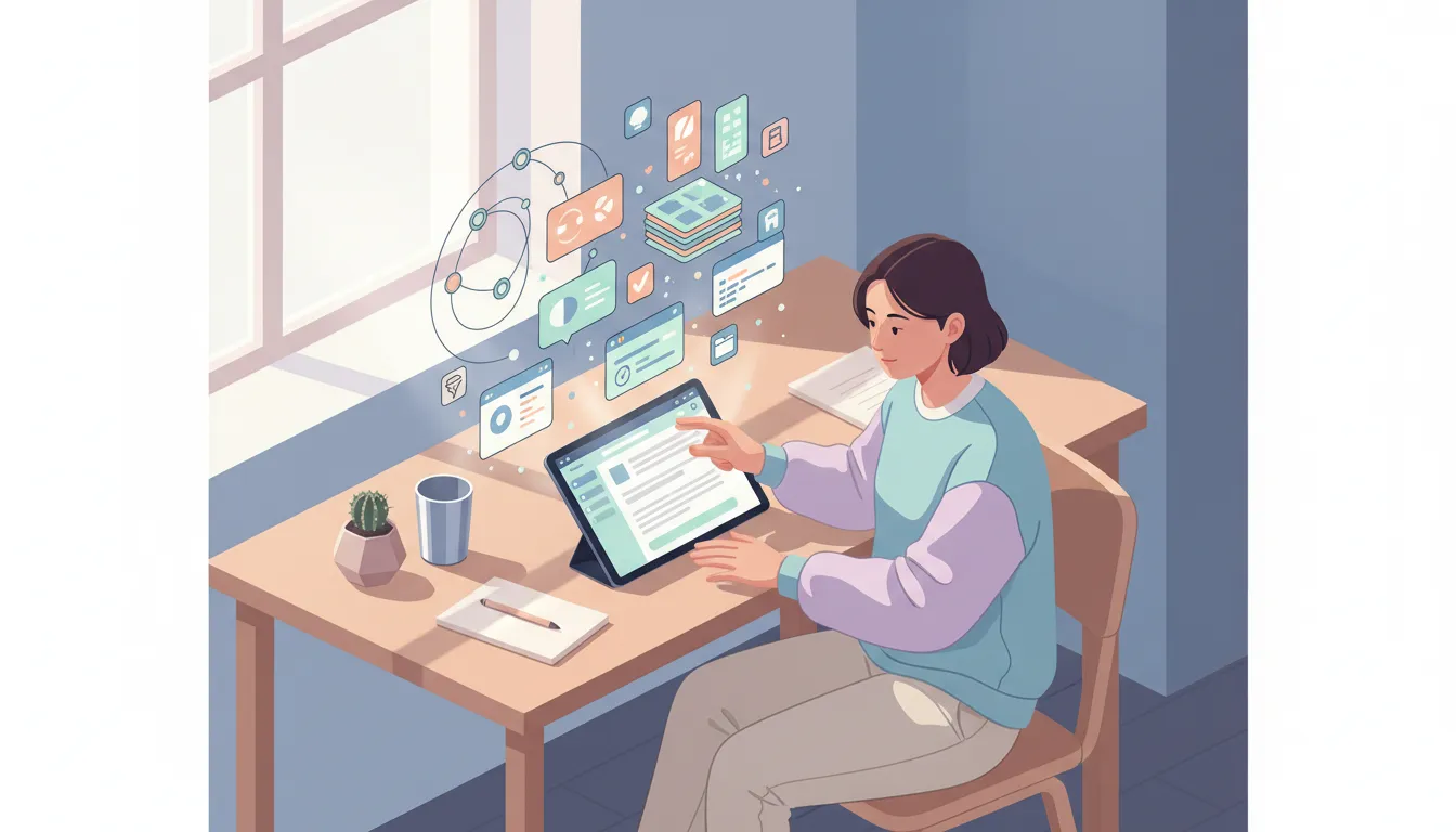 Estudante usando um bloco de notas digital em tablet com elementos flutuantes que representam mapas mentais, flashcards e listas de revisão em uma mesa de estudo moderna