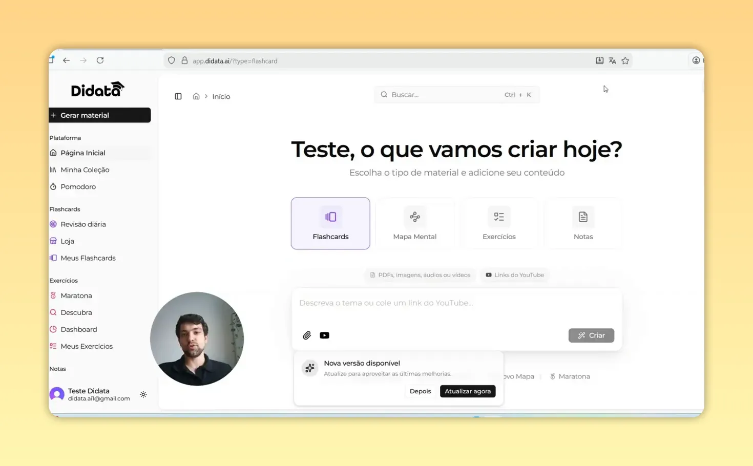 Tela principal da Didata mostrando a opção 'Flashcards' selecionada e o campo para criar material