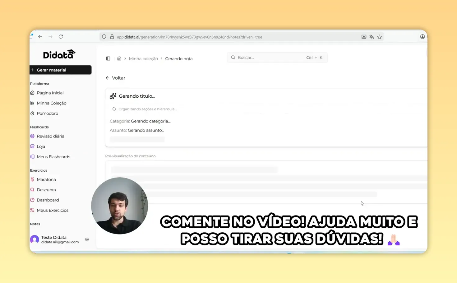 Pré-visualização de nota automática no Didata com o cabeçalho 'Gerando título...' visível