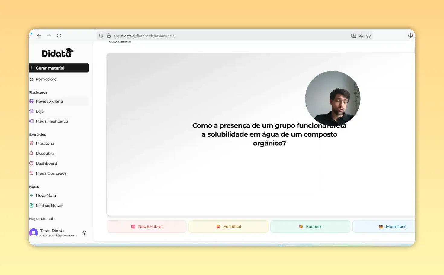 Tela de revisão diária da Didata com pergunta central e botões coloridos na parte inferior: 'Não lembrei', 'Foi difícil', 'Fui bem', 'Muito fácil'.