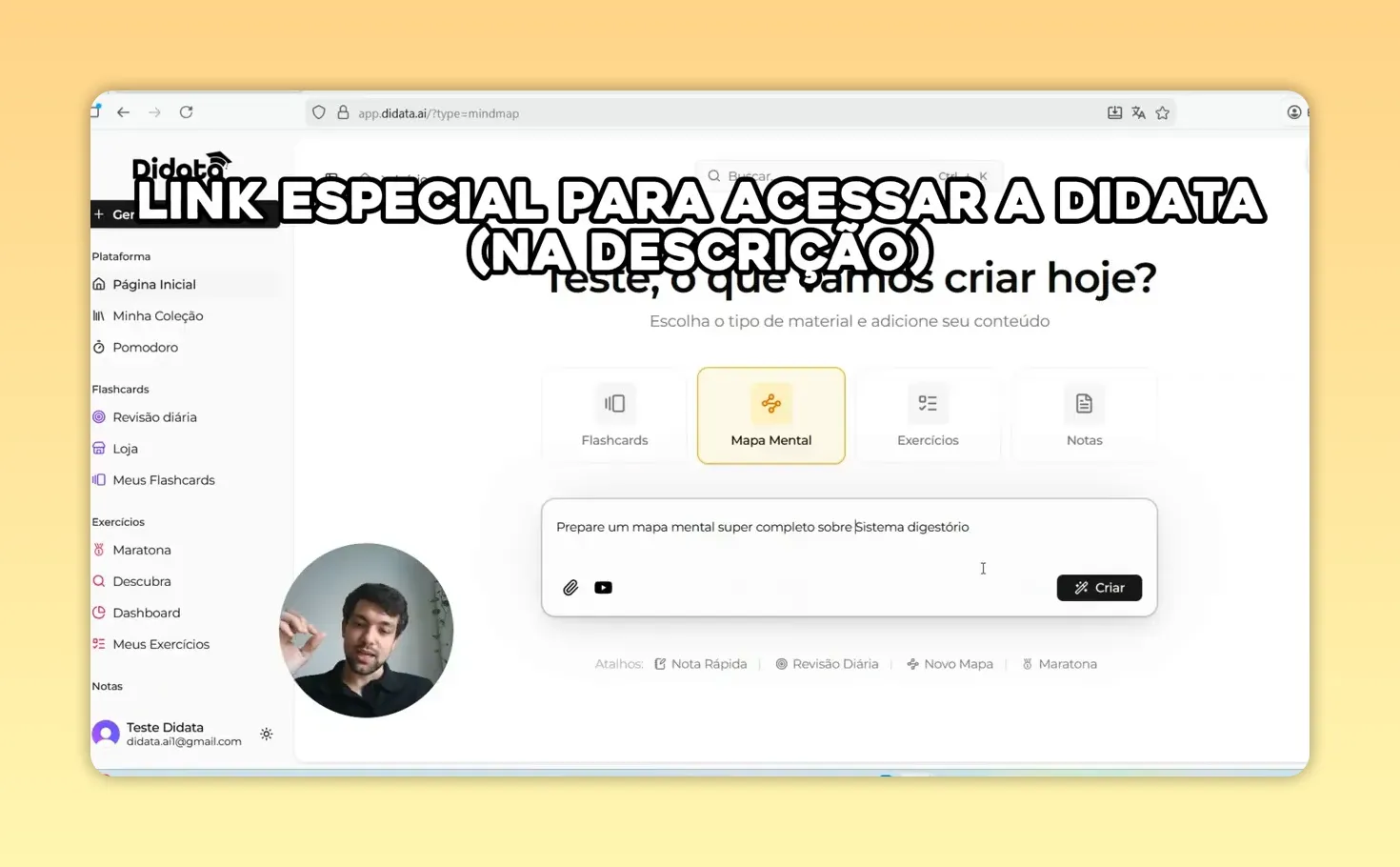 Painel Didata exibindo 'Mapa Mental' selecionado e campo para descrever o mapa a ser criado