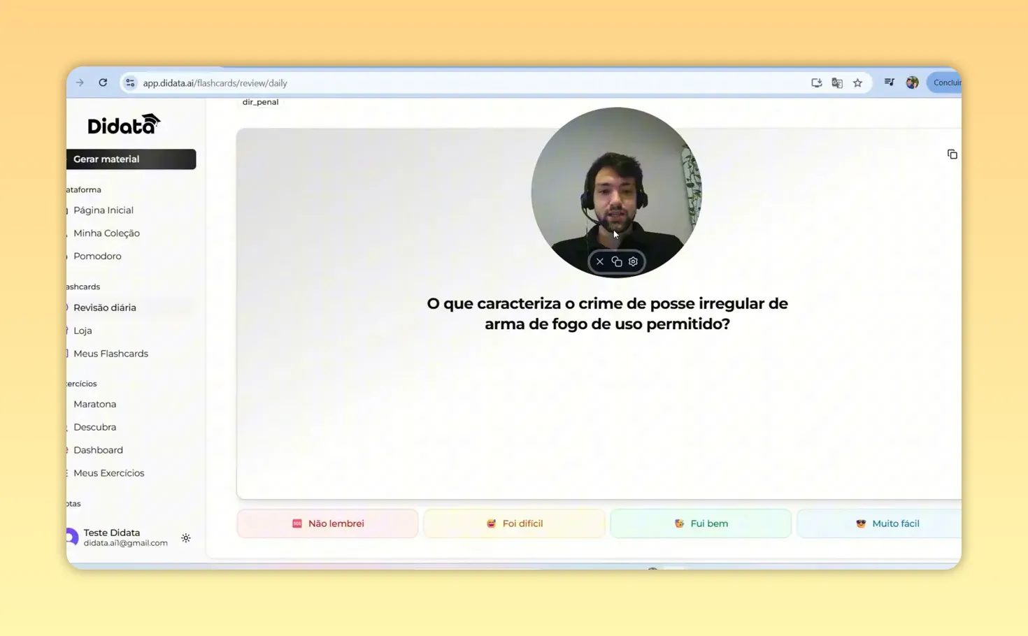 tela de flashcard com a pergunta sobre posse irregular de arma e os botões de resposta 'Não lembrei, Foi difícil, Fui bem, Muito fácil' visíveis