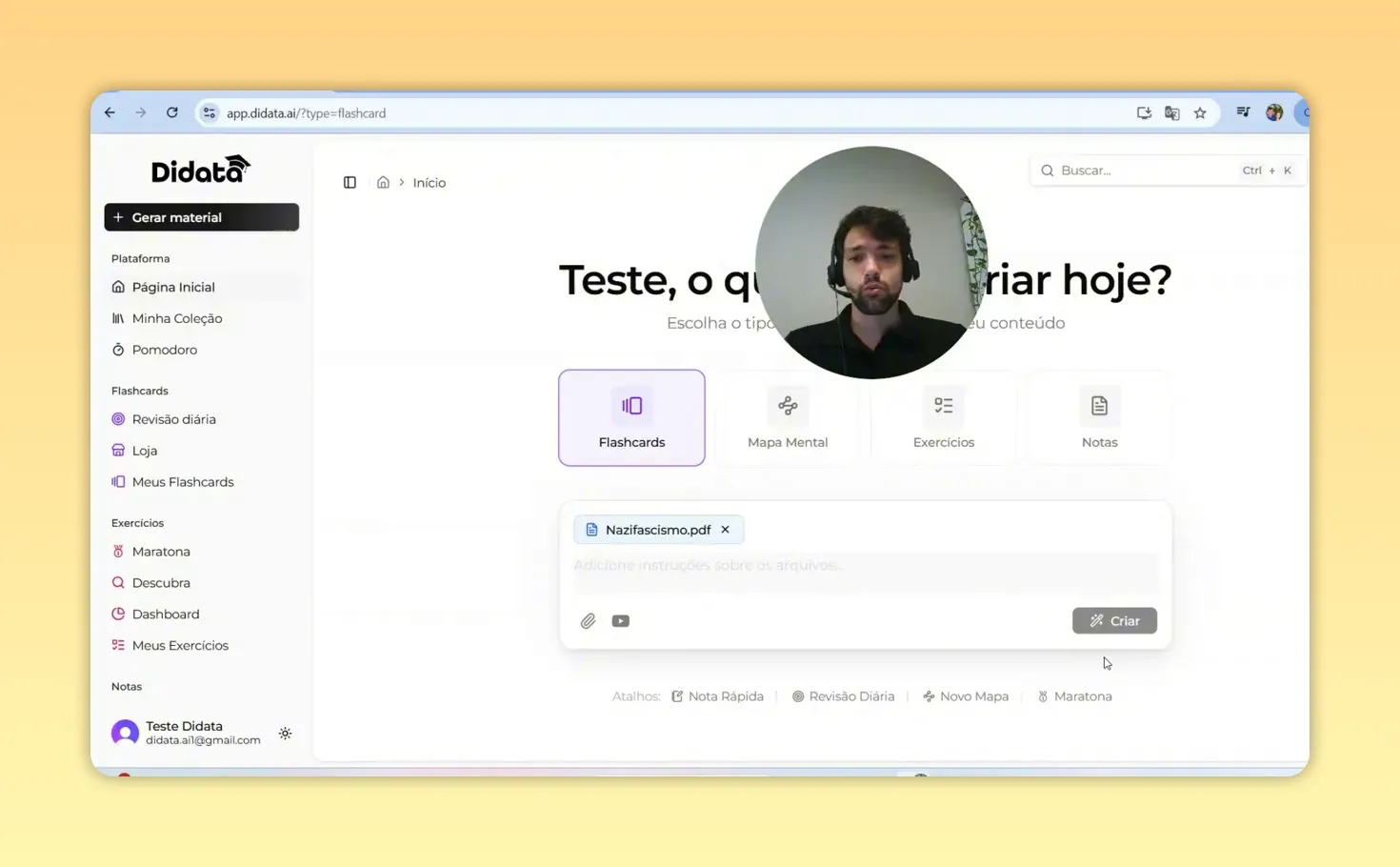 Plataforma Didata com o arquivo Nazifascismo.pdf anexado e botão 'Criar' visível para gerar flashcards.
