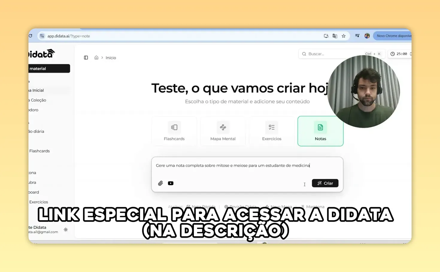 Interface Didata mostrando a opção 'Notas' selecionada e o campo com o prompt completo para gerar nota sobre mitose e meiose