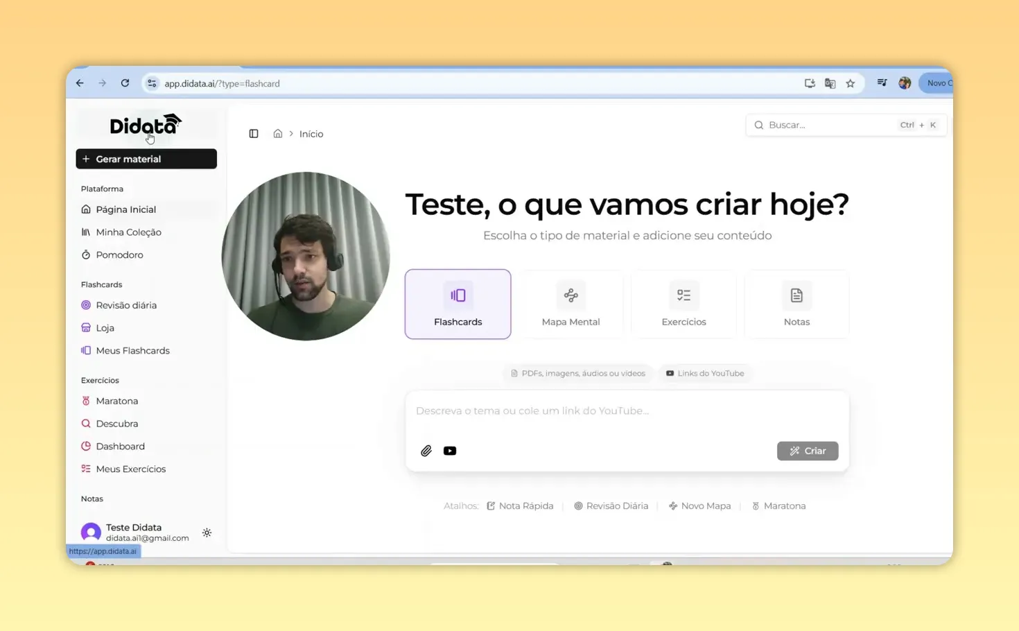 Tela inicial do Didata sem sobreposições, destaque em Flashcards e campo para colar link