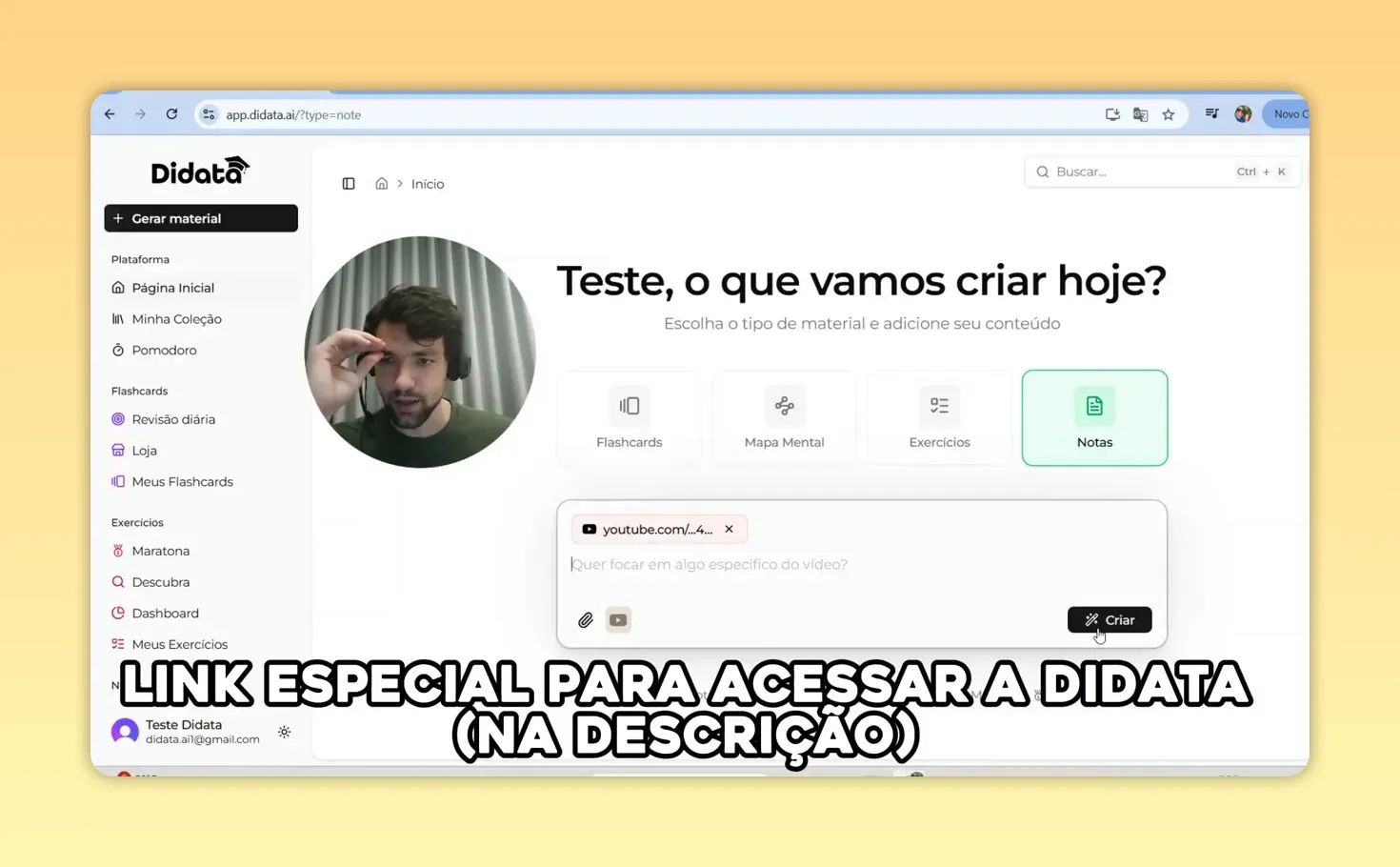 Interface do Didata com link do YouTube inserido e botão 'Criar' visível para gerar nota
