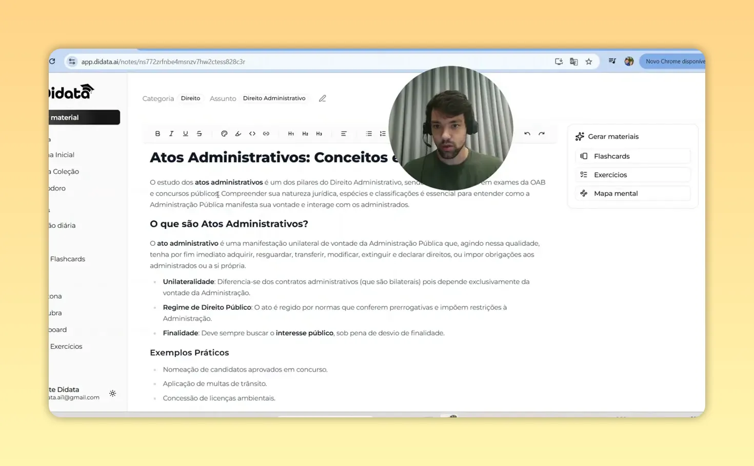 Tela do editor de notas com título 'Atos Administrativos' e painel 'Gerar materiais' exibindo Flashcards, Exercícios e Mapa mental.