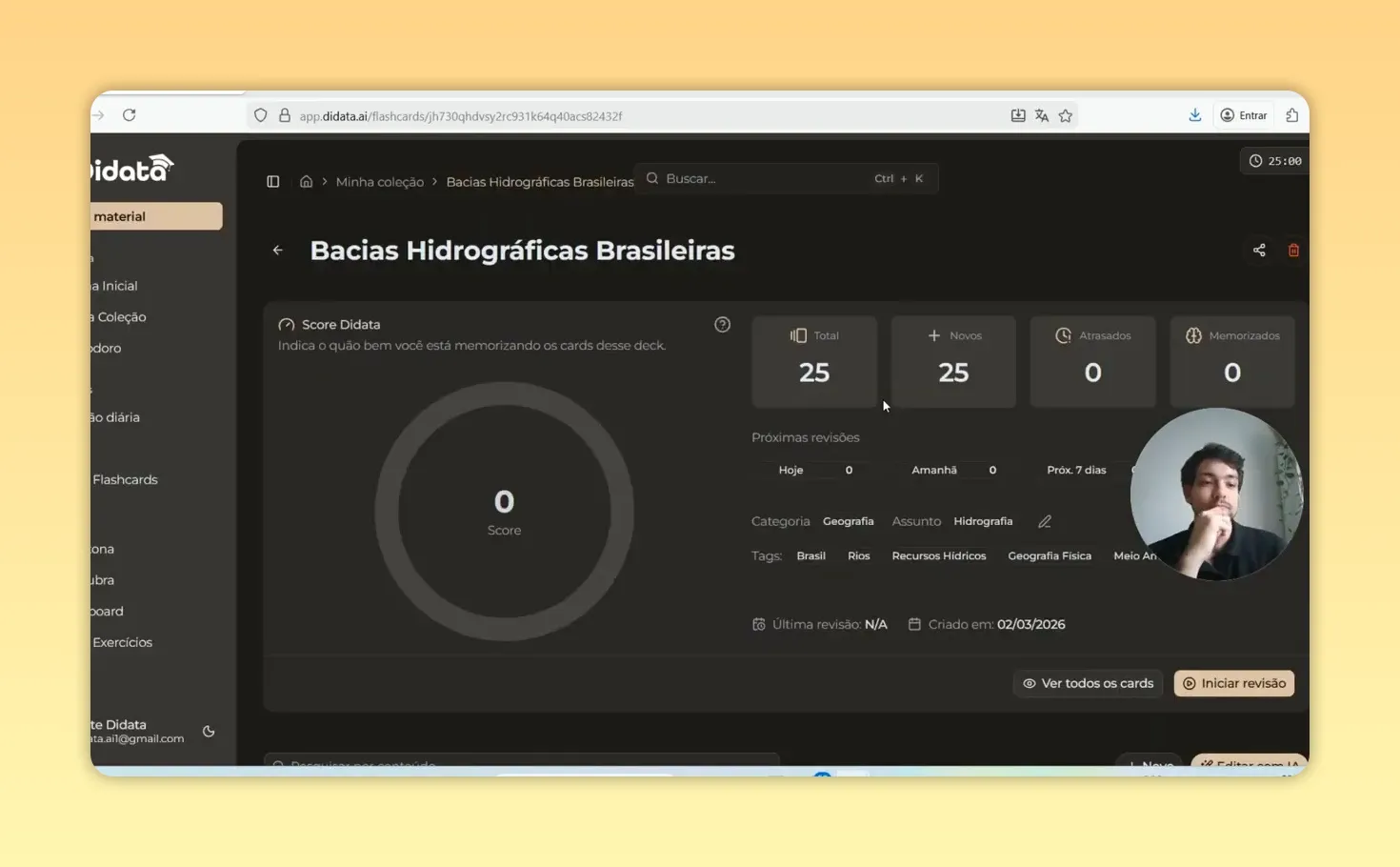 Página do deck 'Bacias Hidrográficas Brasileiras' com indicadores de total de cards, próximas revisões e botão Iniciar revisão.