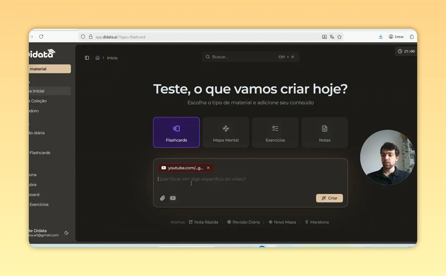 Tela do app mostrando um link do YouTube já colado no campo de entrada e o botão 'Criar' visível para gerar flashcards.