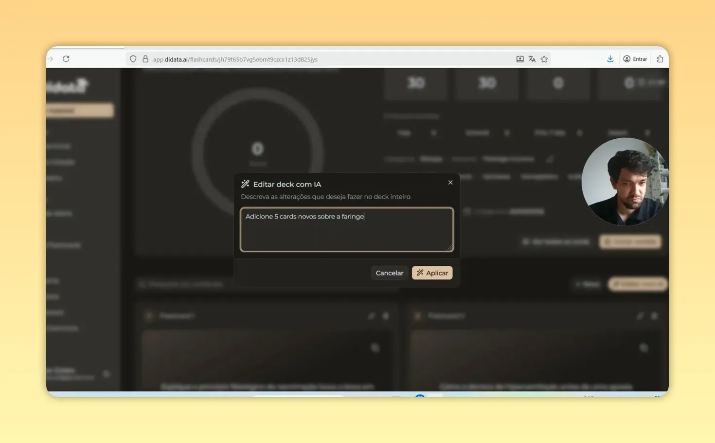 Screenshot do modal 'Editar deck com IA' com a instrução completa 'Adicione 5 cards novos sobre a faringe' e botão Aplicar visível