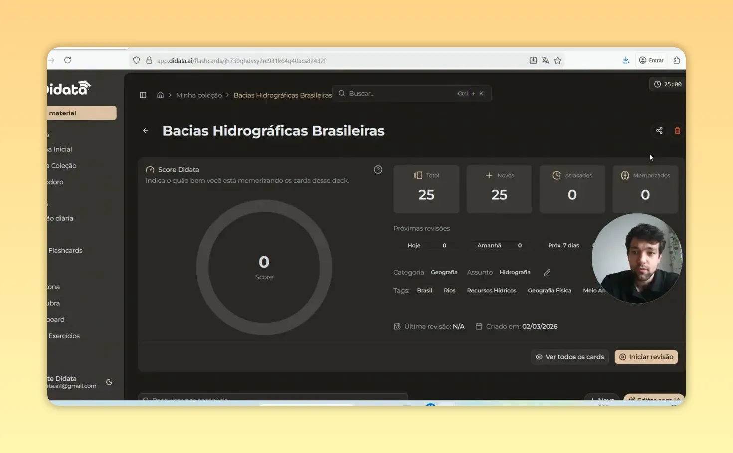 Página do deck 'Bacias Hidrográficas Brasileiras' no app, com indicador de total (25), score e botão para iniciar revisão.