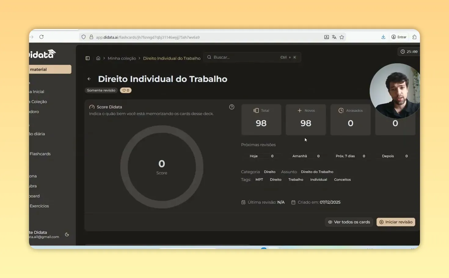 Página do deck 'Direito Individual do Trabalho' mostrando score, total de 98 cards e botão 'Iniciar revisão'.