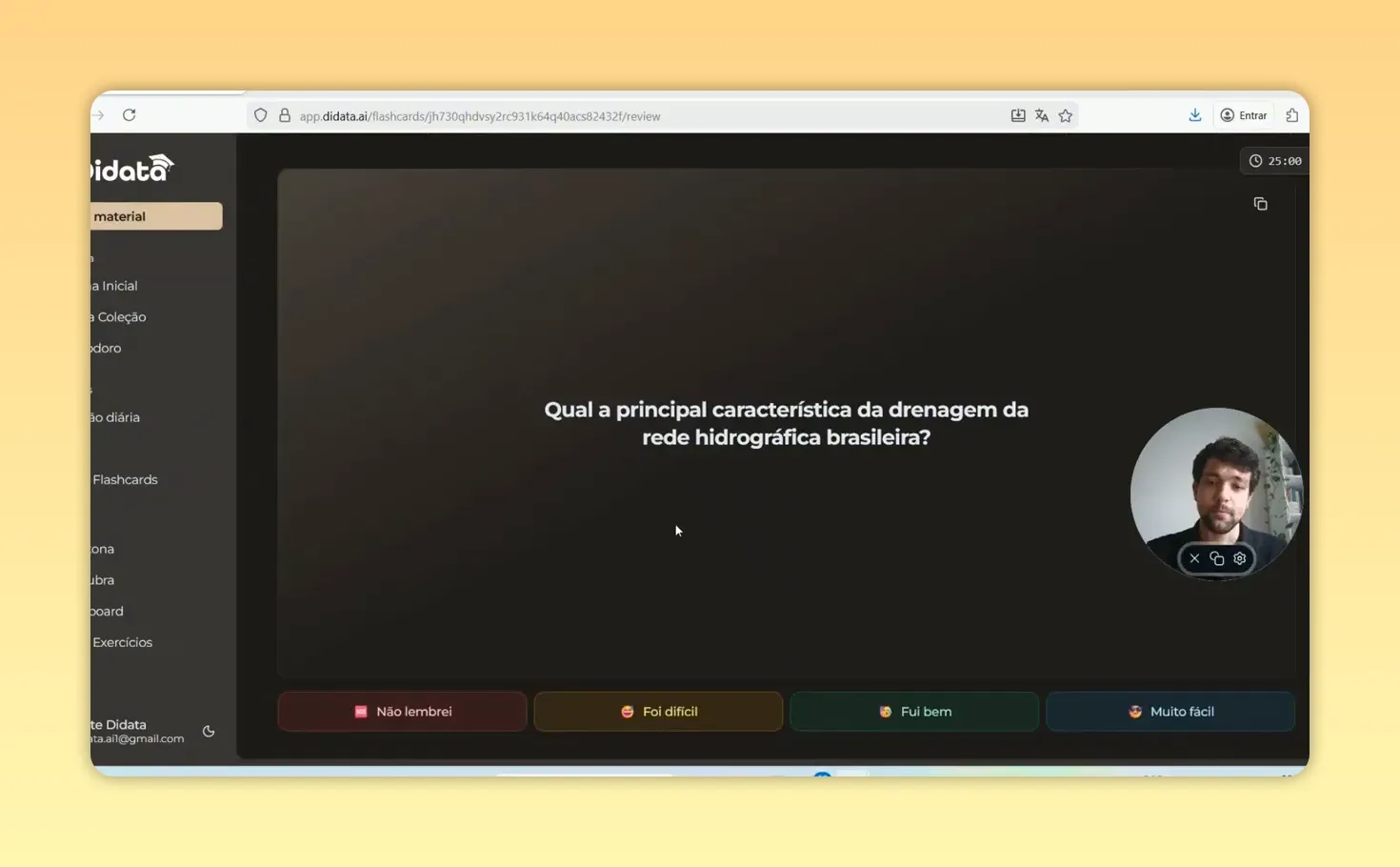 Tela de revisão com a pergunta central e os botões de avaliação abaixo: 'Não lembrei', 'Foi difícil', 'Fui bem' e 'Muito fácil'.