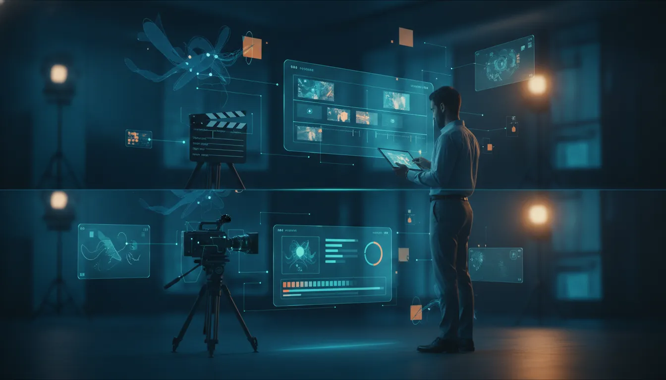Creative director reviewing an AI-generated holographic storyboard on a studio set while planning shots and refining an ad concept, with camera equipment and glowing AI connections.
