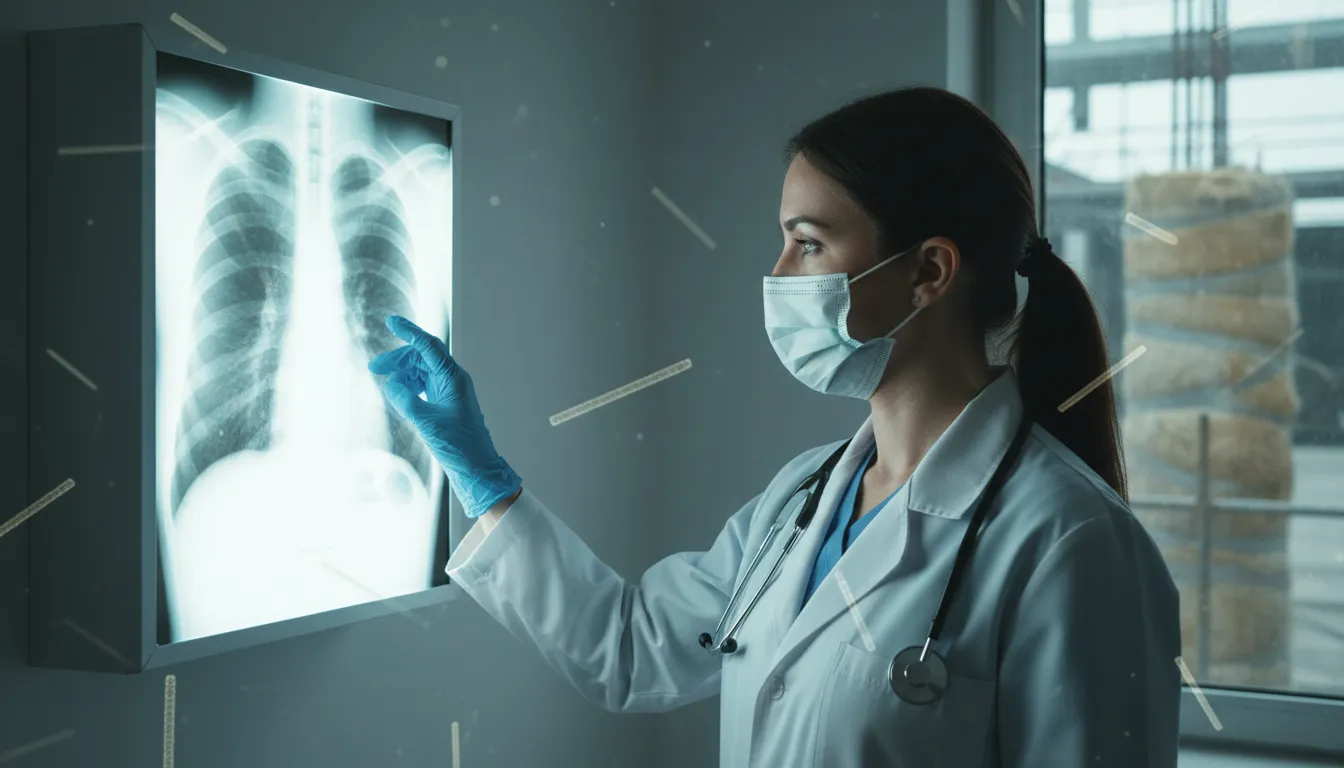 Occupational physician examining a lung X-ray with a subtle overlay of microscopic asbestos fibers and a blurred industrial insulation background illustrating asbestos exposure and health risk
