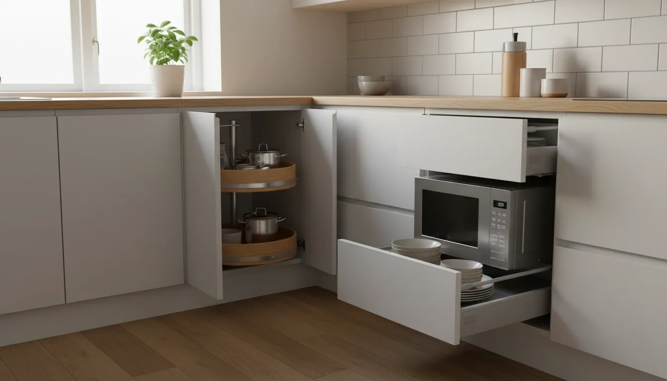 Scandinavian kitchen corner with a rotating Lazy Susan, pull-out corner drawers and a microwave hidden on a pull-out cabinet shelf