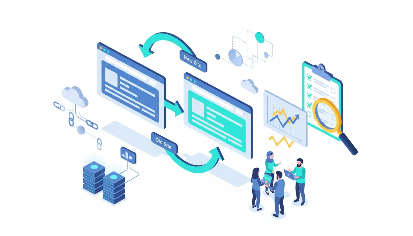 Isometric illustration of domain migration concept: two website panels linked by arrows with servers, a clipboard checklist with checkmarks, a magnifying glass over analytics, and a small team collaborating