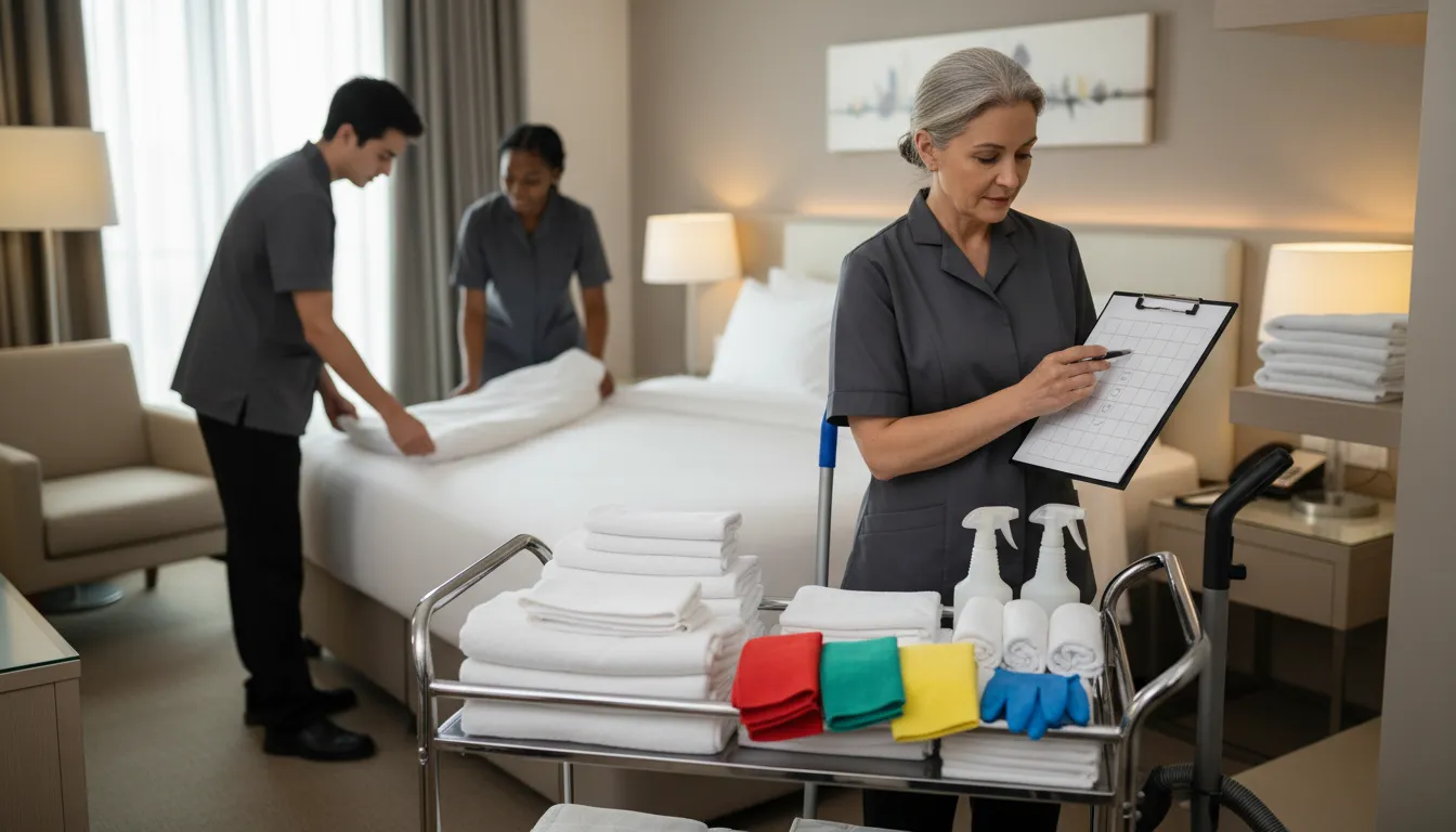 Housekeeping trainer coaching staff beside a cart of color-coded cleaning supplies in a neat hotel guest room