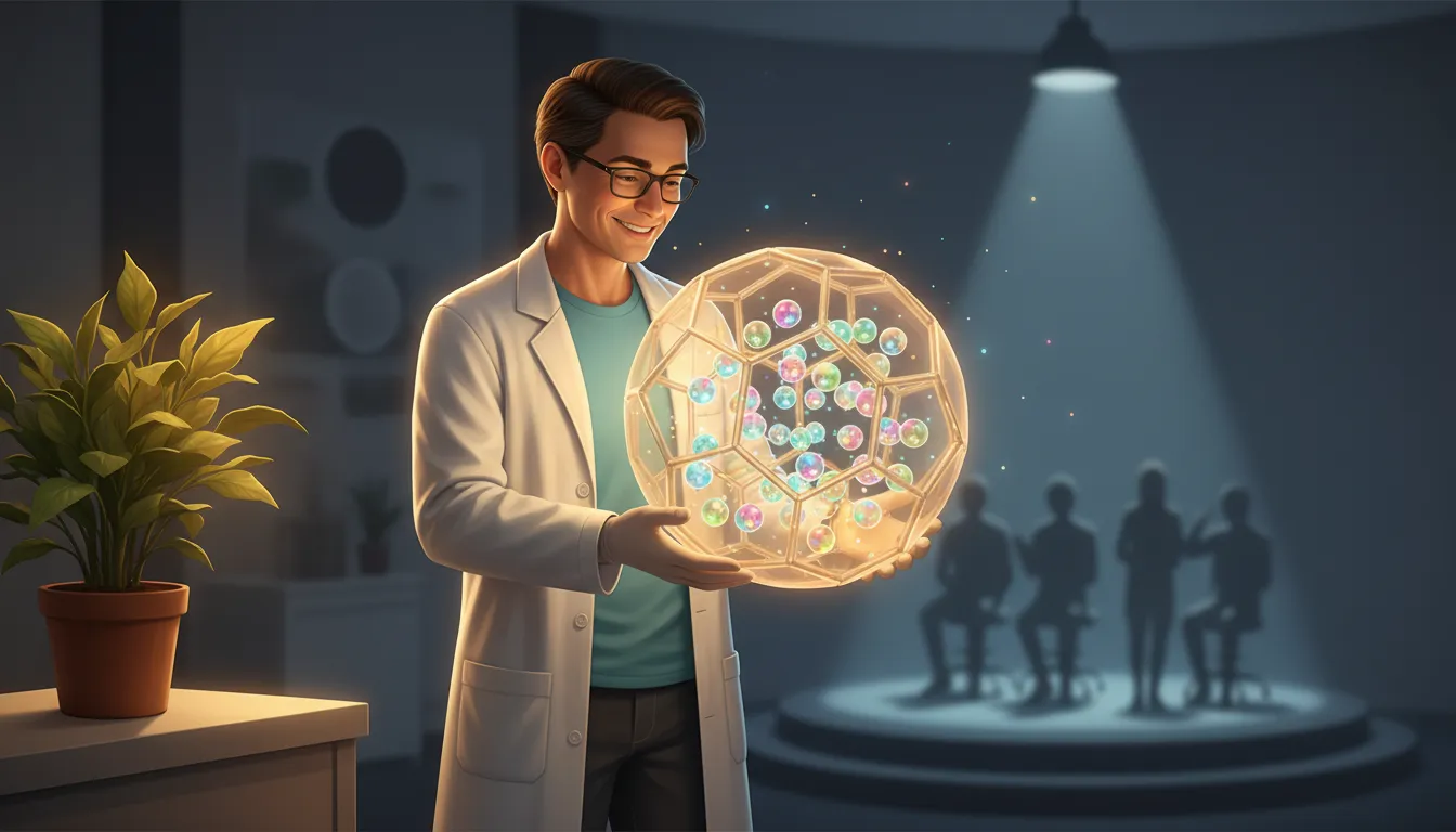 Scientist in a lab holding a glowing spherical protein cage with tiny luminescent nano-reactors inside, a nearby leaf glowing from enhanced photosynthesis, and a subtle stage in the background suggesting outreach and science comedy.