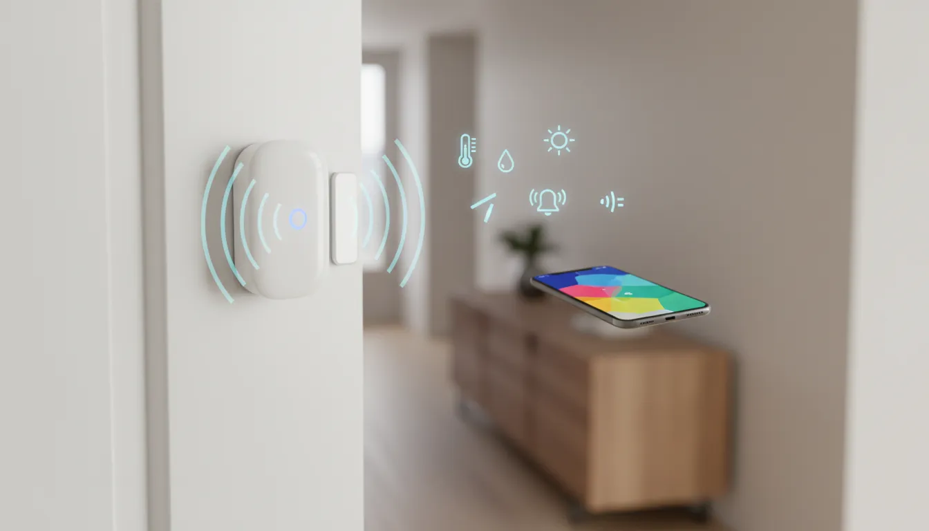 Photorealistic image of a UniFi Protect All-In-One sensor mounted on a doorframe detecting motion and door contact with subtle icons for temperature, humidity, light, tilt and a blurred Home Assistant dashboard on a phone in the background