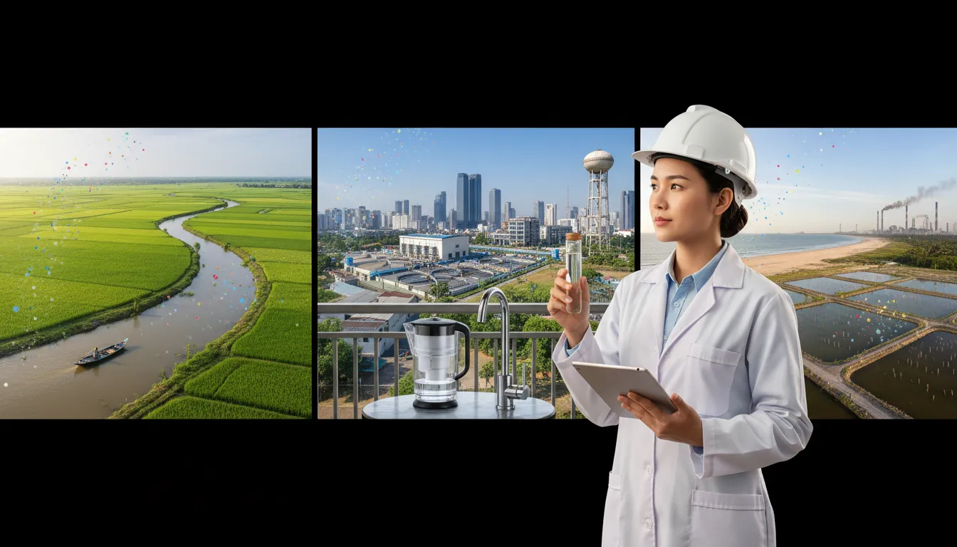 Chemical engineer inspecting a water sample with Mekong delta, city water treatment plant, and coastal aquifer scenes showing drinking water sources and contaminants