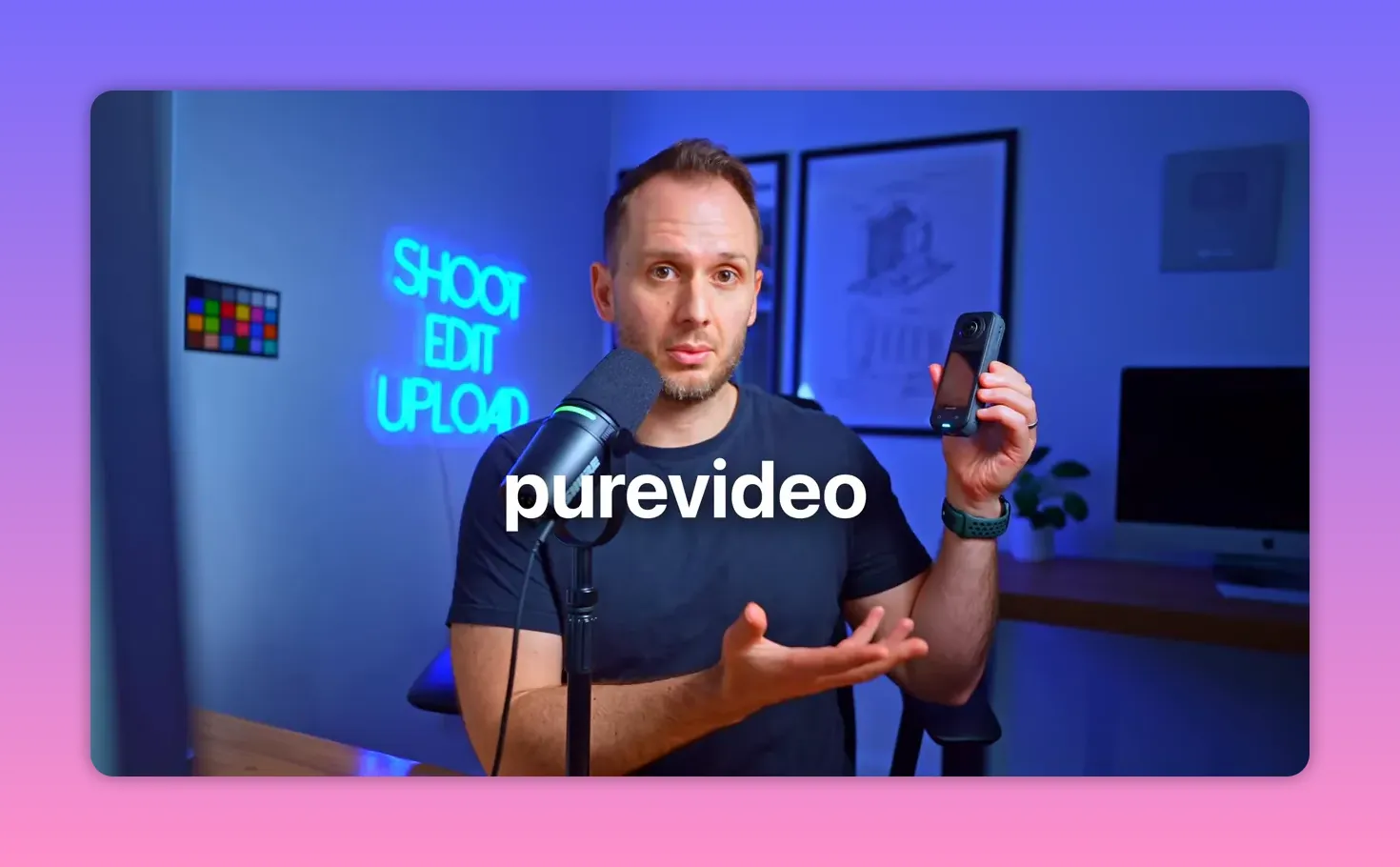 Presenter holding an Insta360 X5 with a large 'purevideo' text overlay on the frame indicating Pure Video mode