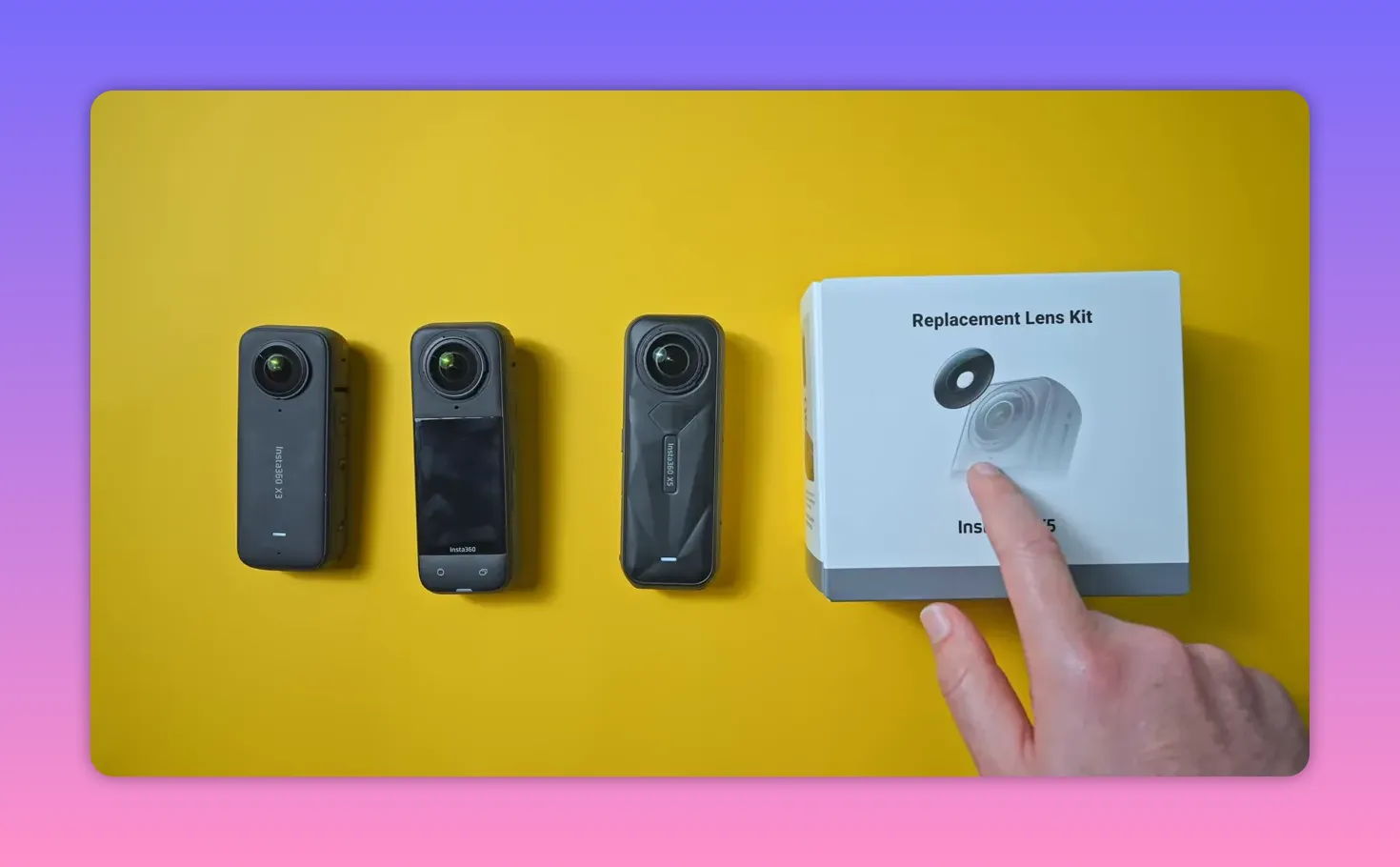 Three Insta360 cameras with a finger pointing to a Replacement Lens Kit box labeled Insta360 X5 on a yellow background