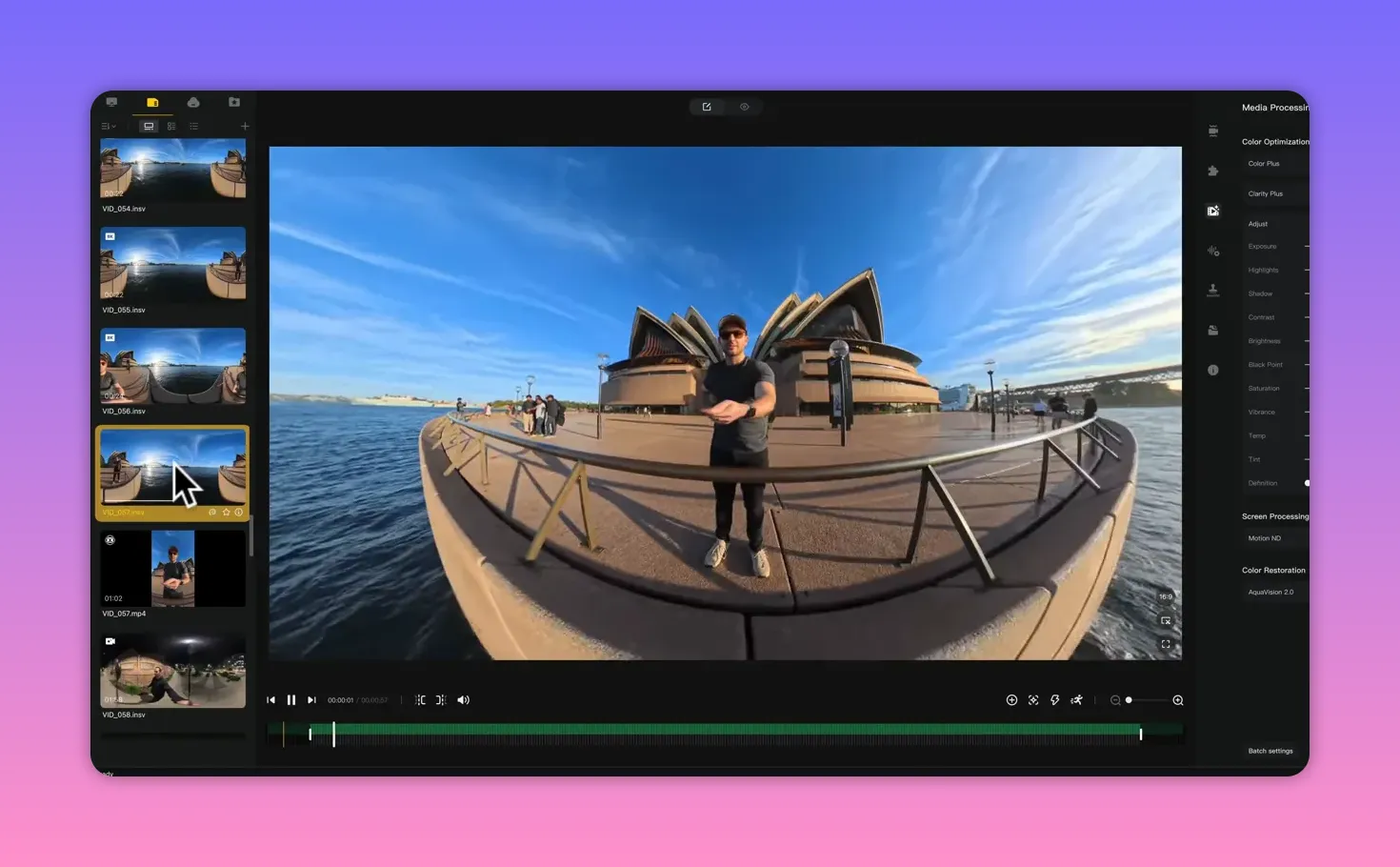 Editing software screenshot with selected clip thumbnail highlighted and a wide 360 preview of the Sydney Opera House