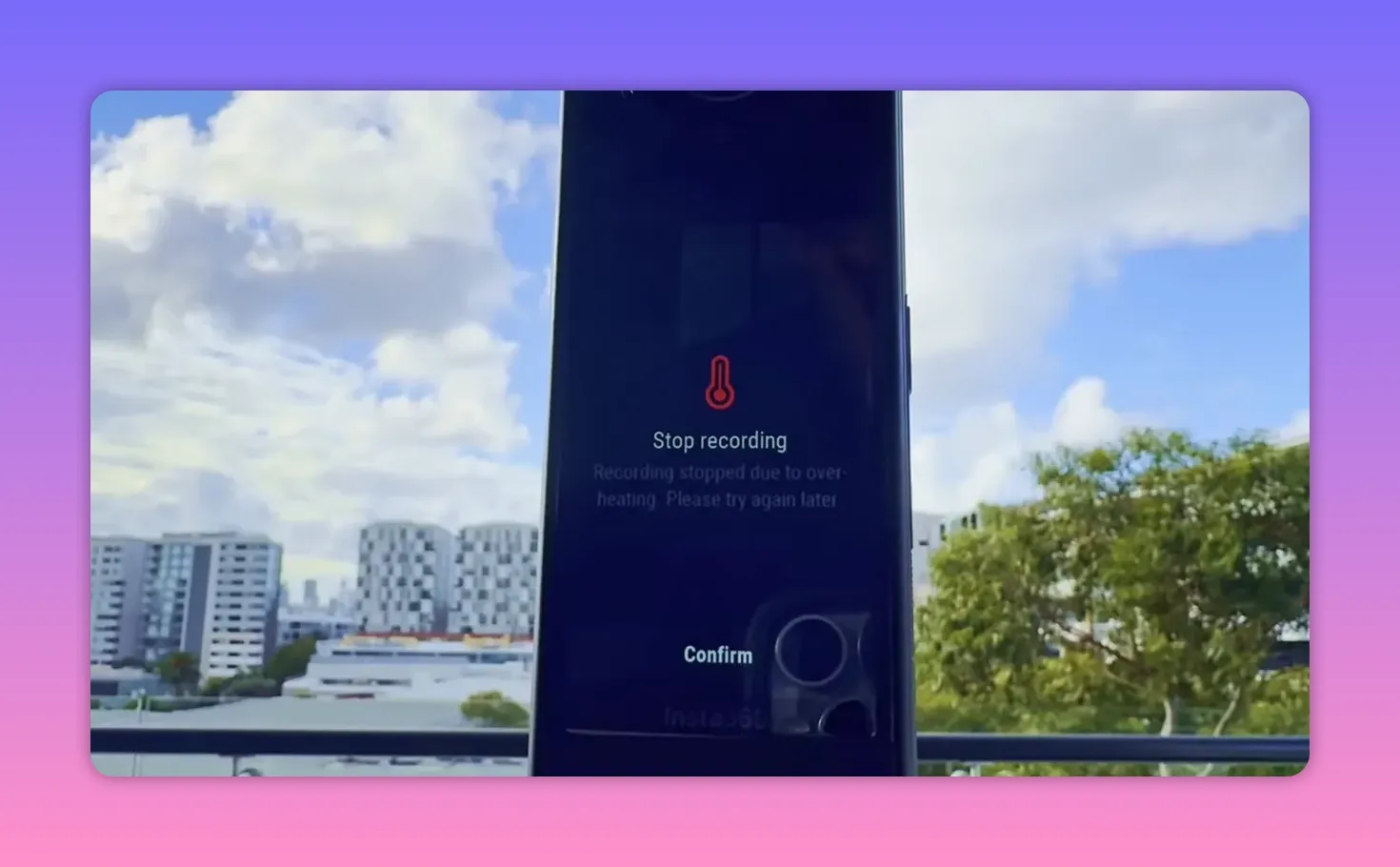 Camera display showing 'Stop recording - Recording stopped due to overheating' message with a confirm button, taken during an outdoor 8K test.