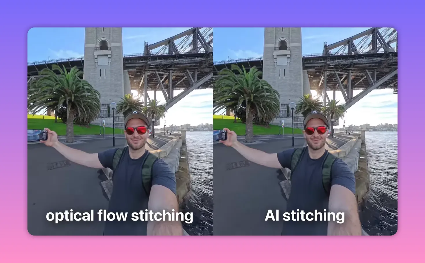 Clear two-column comparison labeled 'optical flow stitching' and 'AI stitching' showing the presenter standing by the harbour under a bridge; both panels and labels are unobstructed.