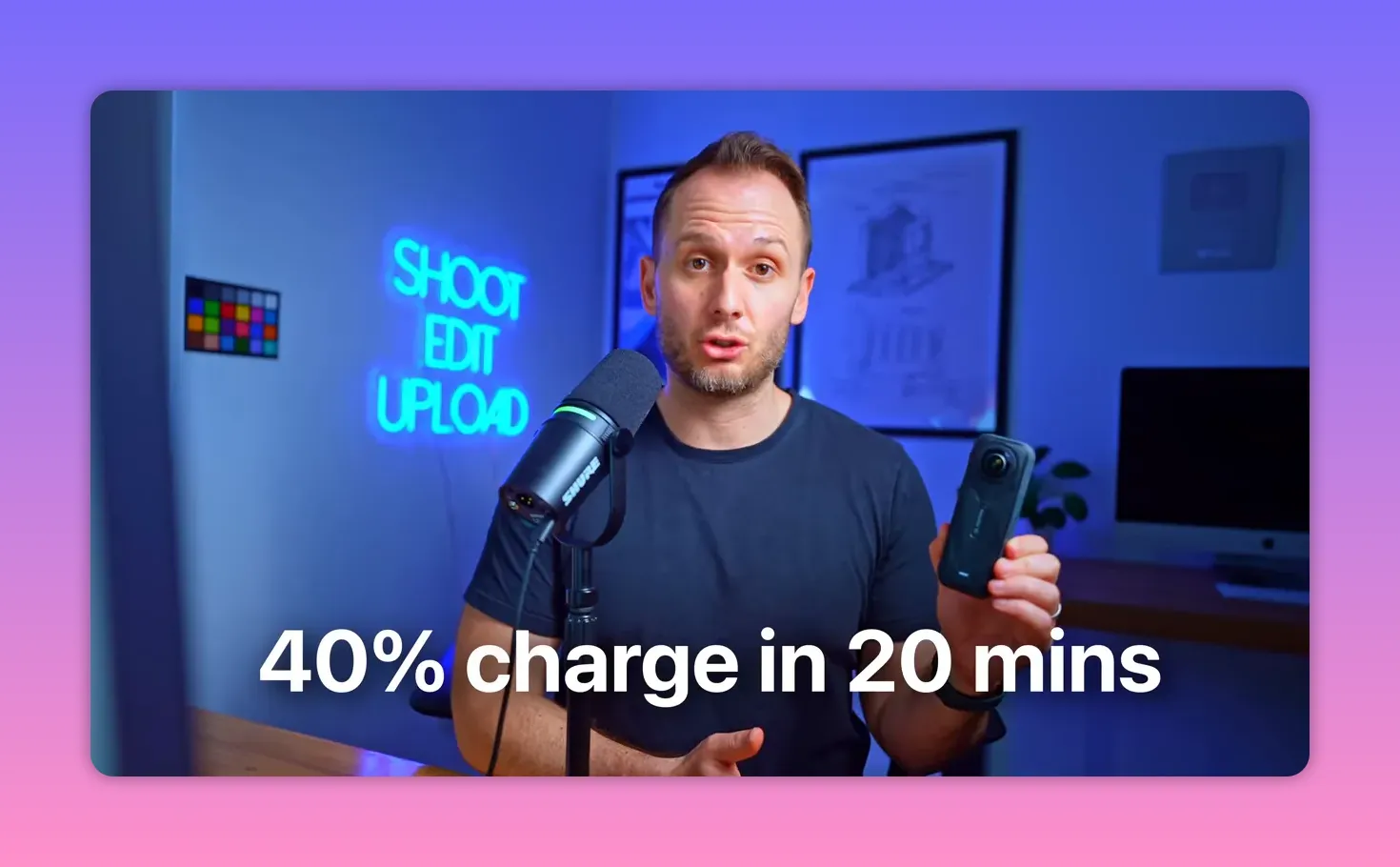 Presenter holding an Insta360 X5 with large on-screen text '40% charge in 20 mins' overlaid