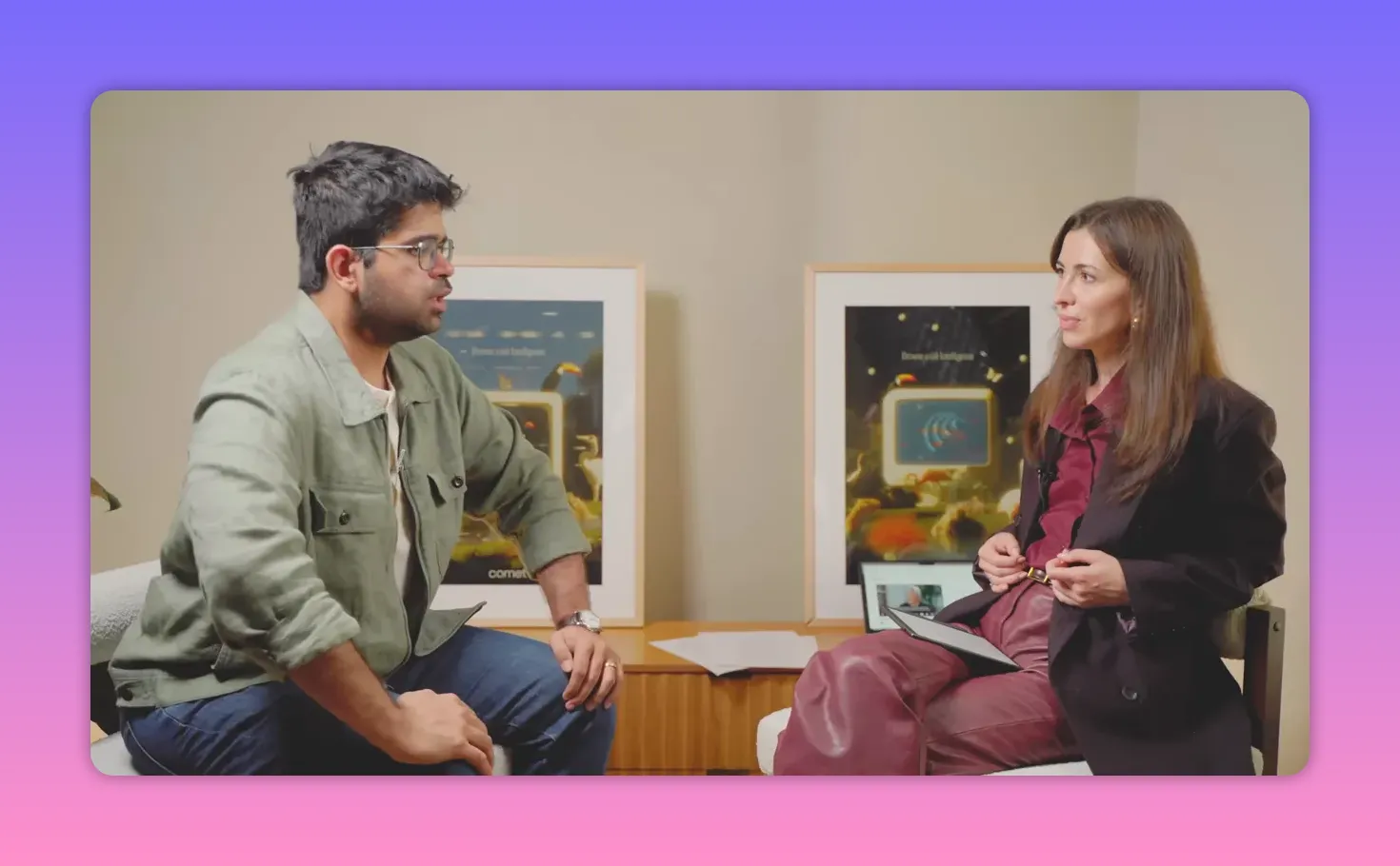 Wide interview frame with host on the right and guest on the left discussing education and micro schools