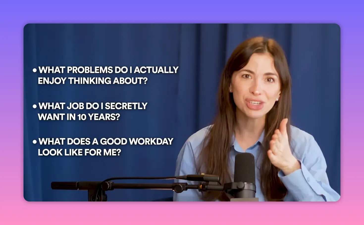 Host gesturing beside a slide listing three questions to help pick a 10‑year direction.