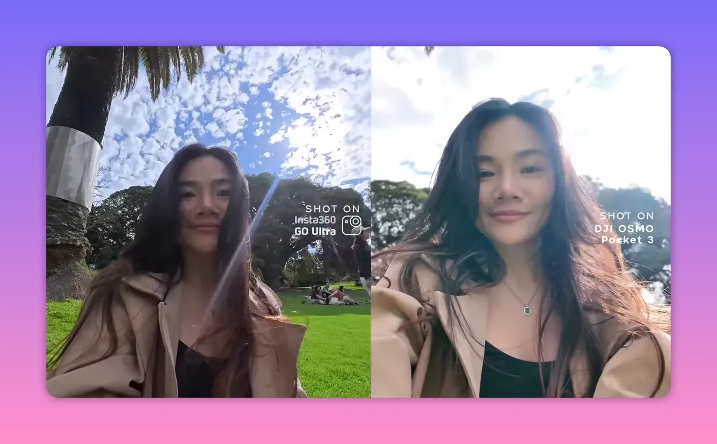 Split-screen comparison: left shows Insta360 wide view, right shows DJI Osmo Pocket 3 closer portrait; highlights color and dynamic range differences.