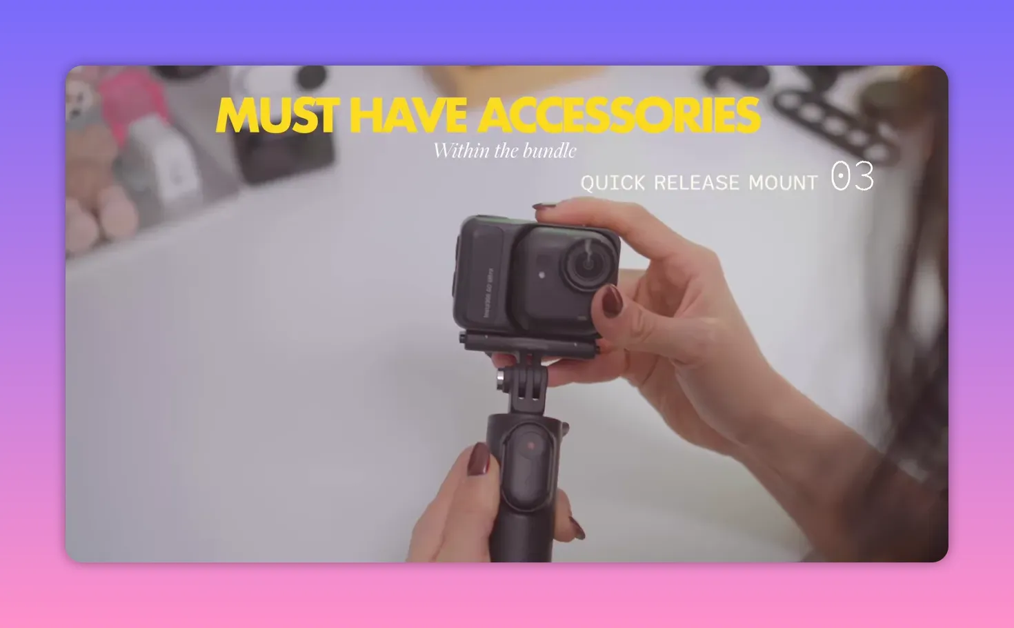 Insta360 camera mounted to a quick-release mount and grip, shown in hands