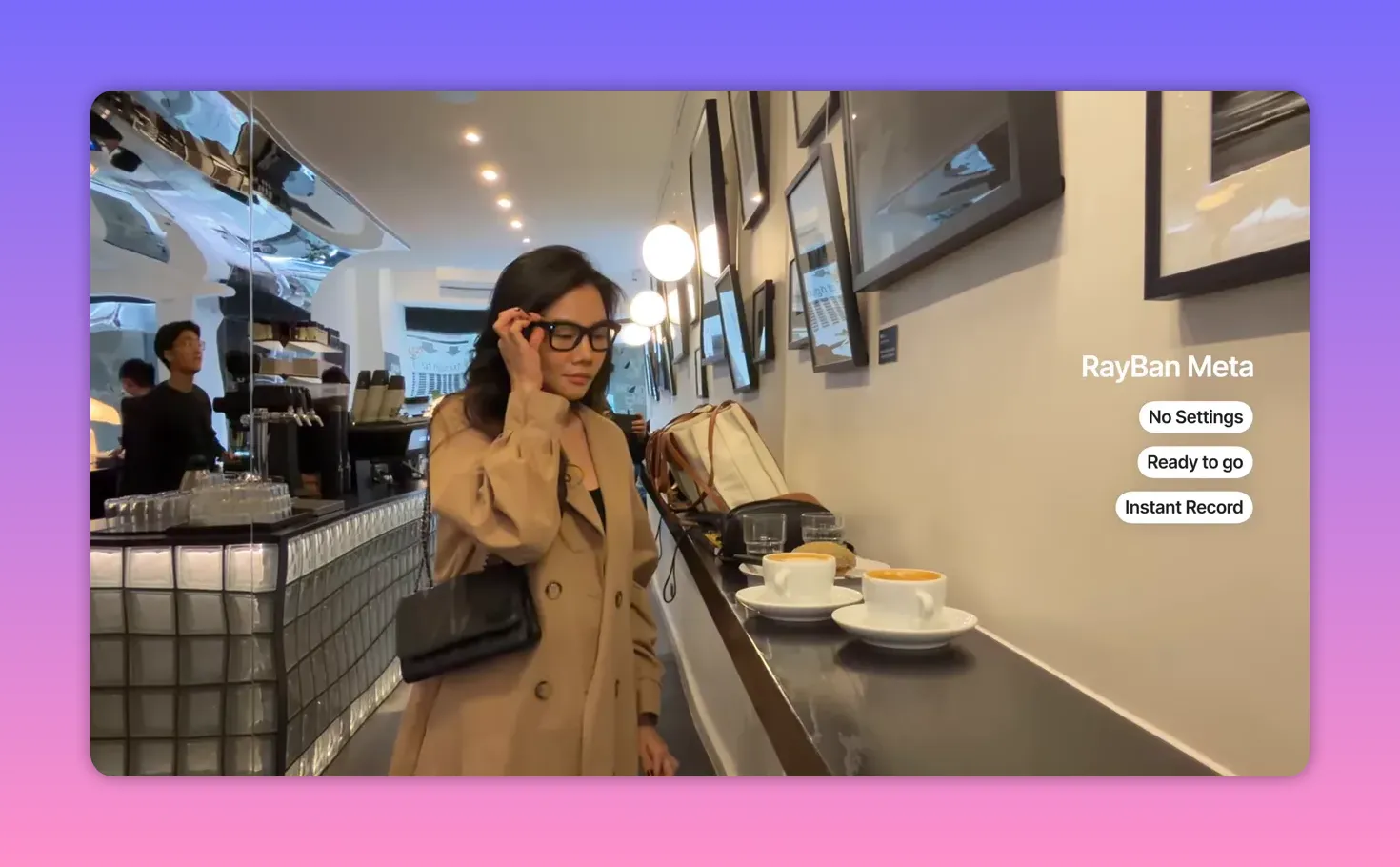 Creator putting on smart glasses at a cafe counter, showing glasses being used for POV capture