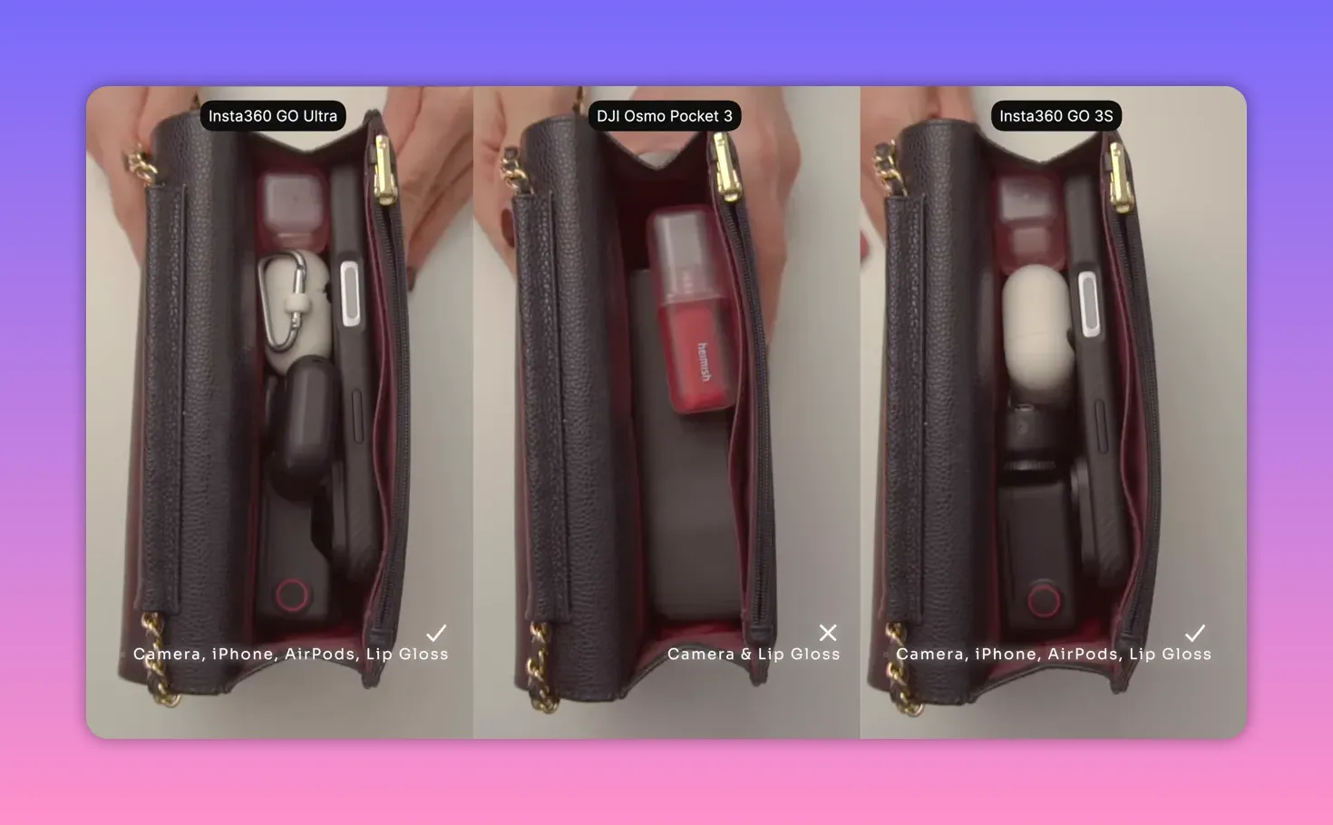 Top-down view of a small purse with an insta360 camera, iPhone, AirPods, and lip gloss to illustrate portability.