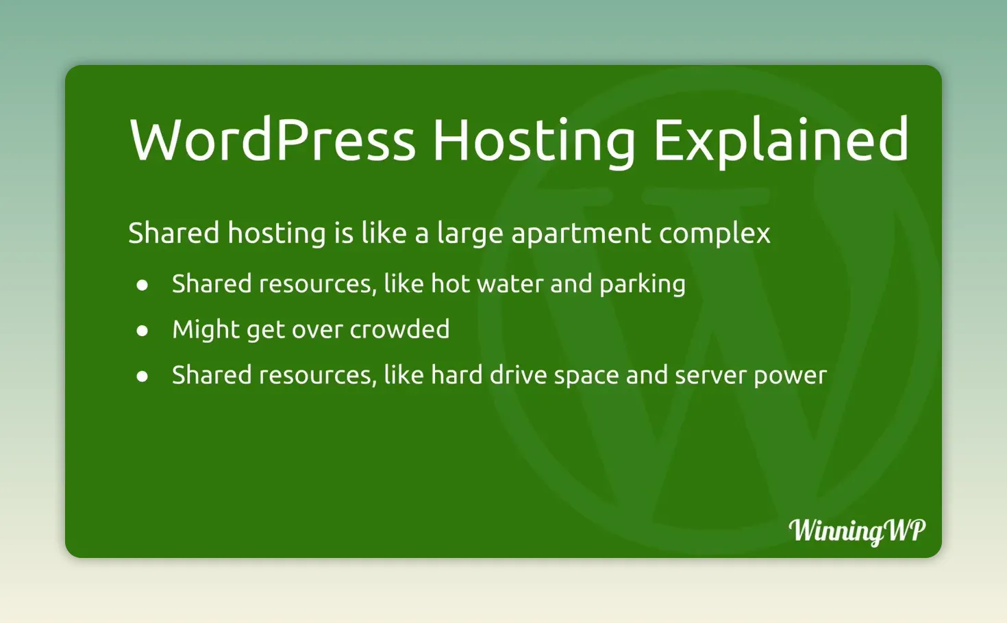 Trang trình bày giải thích shared hosting như tòa chung cư lớn với tài nguyên dùng chung