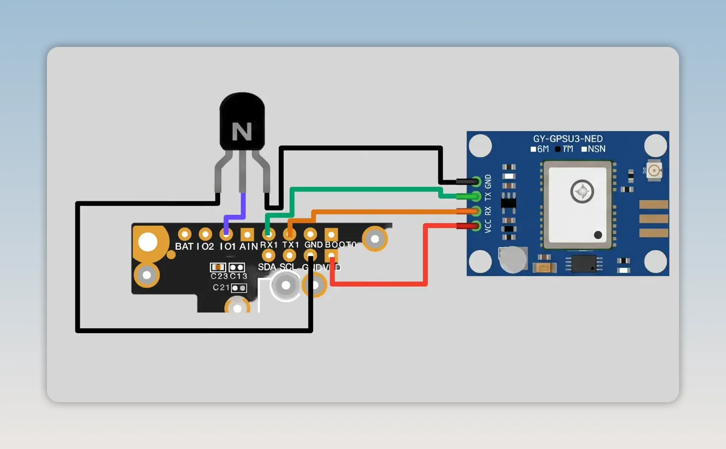 Wiring diagram showing RAK4631 board connected through a transistor to a GPS module
