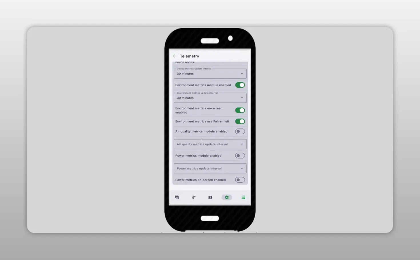 Meshtastic app telemetry settings screen with environmental metrics options and enabled switches