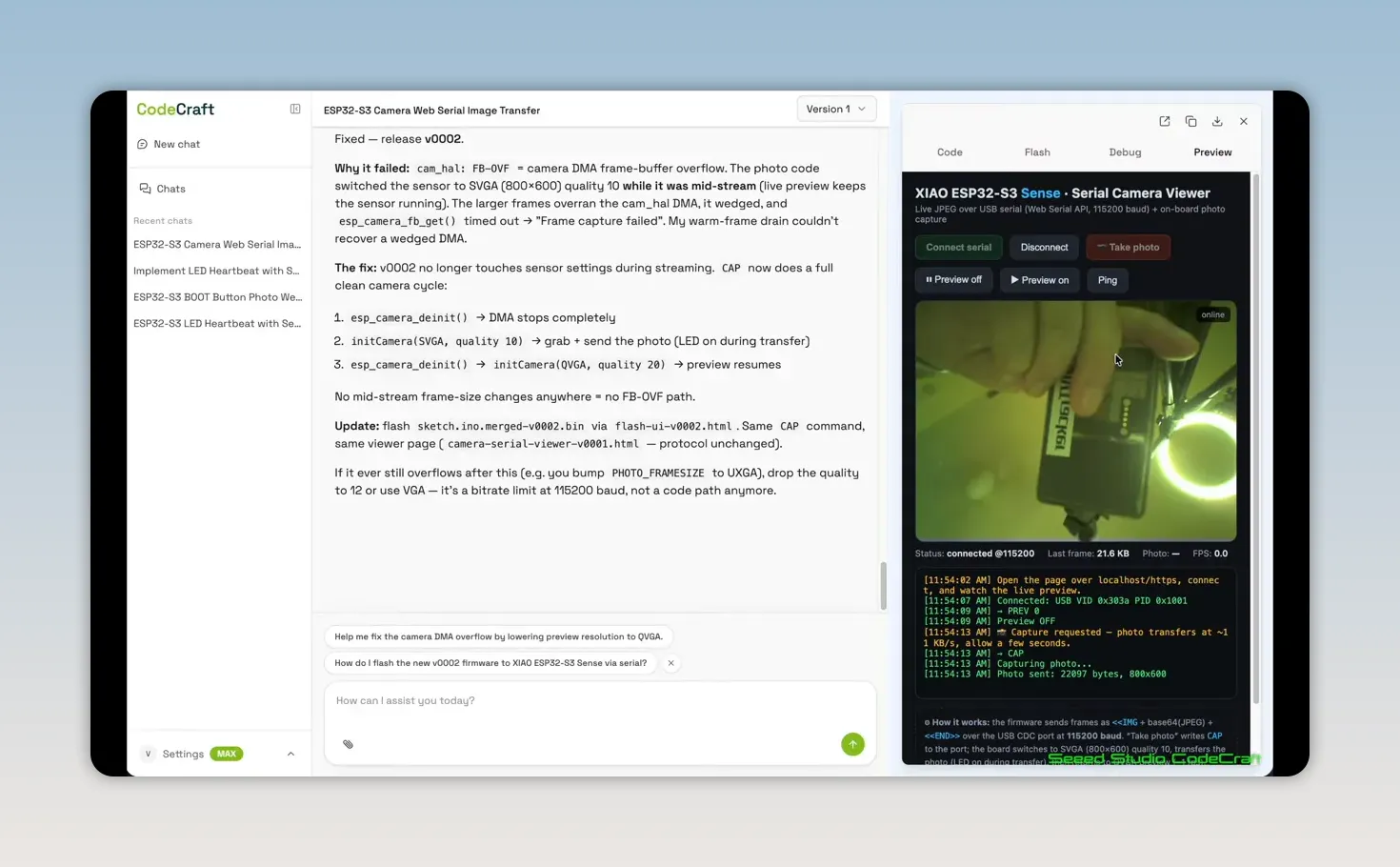 CodeCraft camera viewer showing a captured green-tinted image in the preview panel