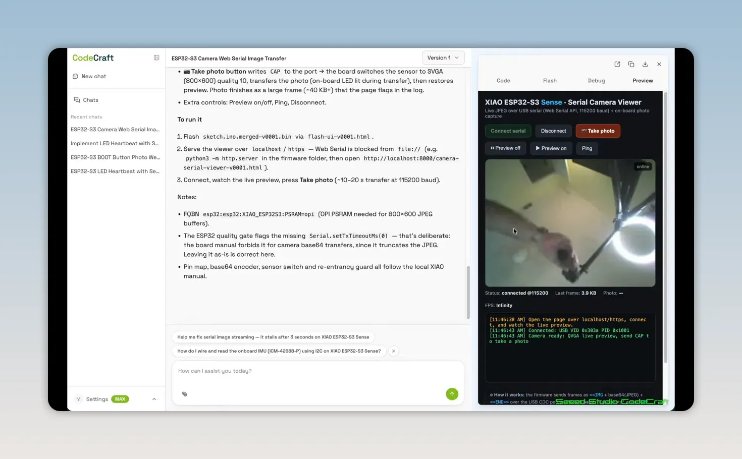 CodeCraft workspace with camera project text and a live camera preview panel
