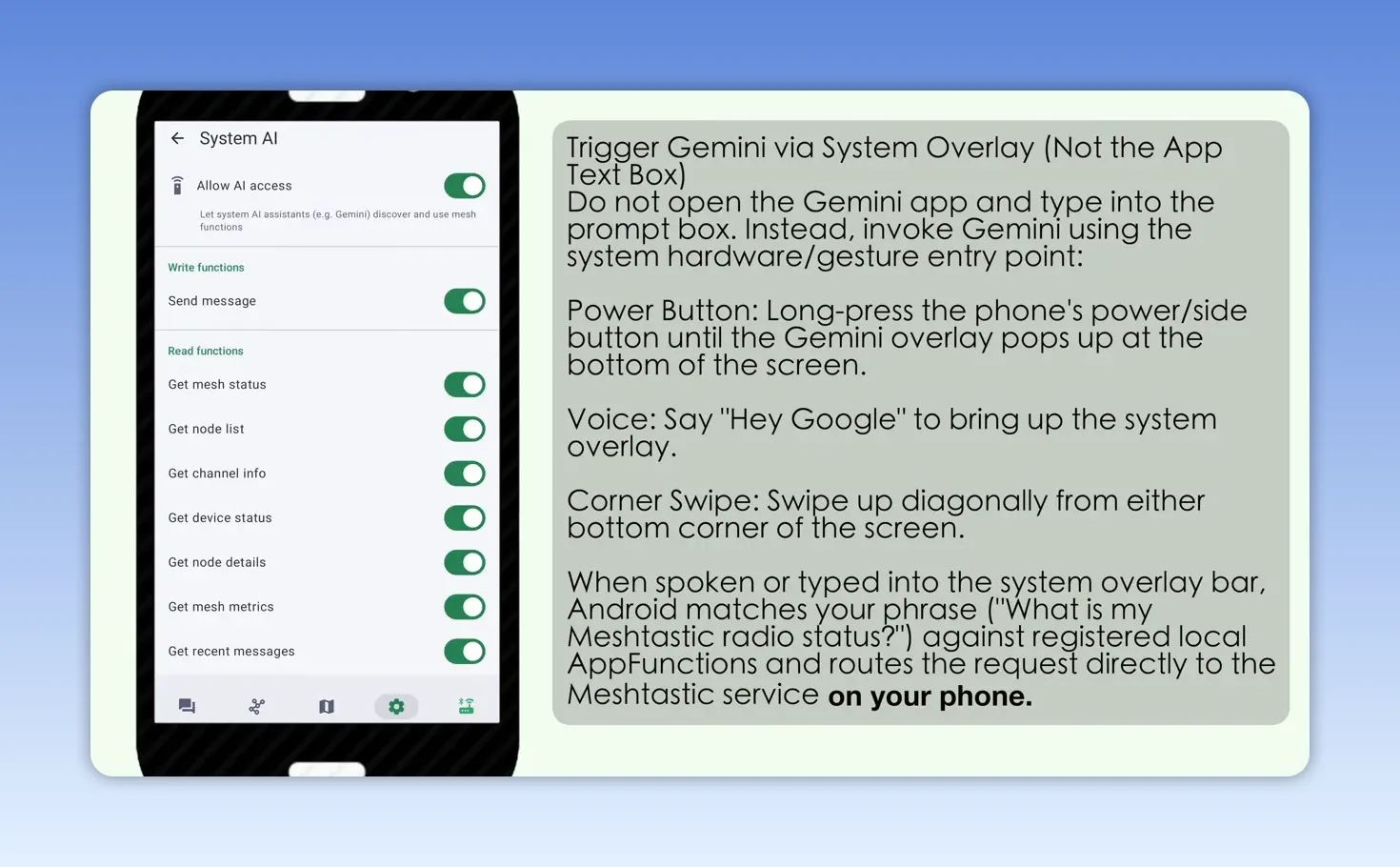 Meshtastic System AI settings page with multiple enabled action toggles