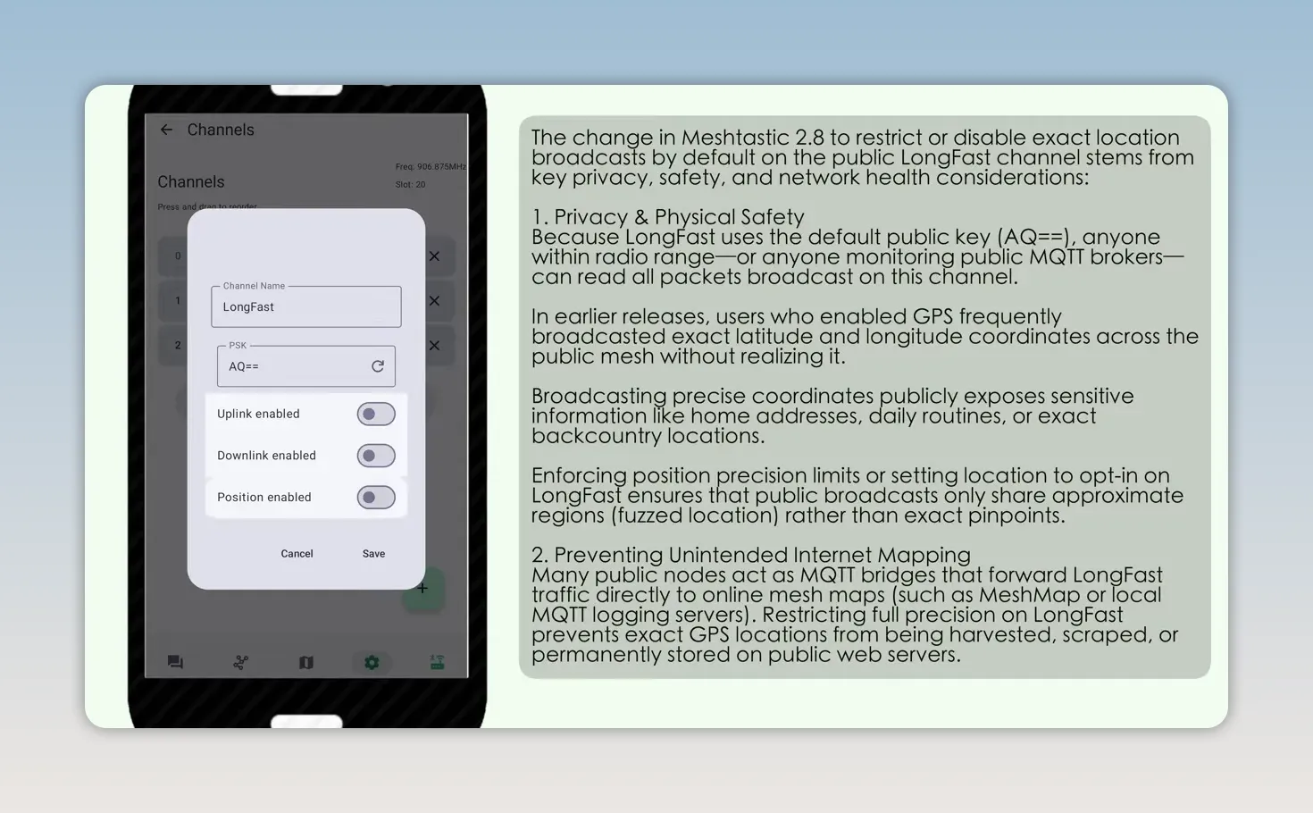 Meshtastic channel position settings showing location precision controls
